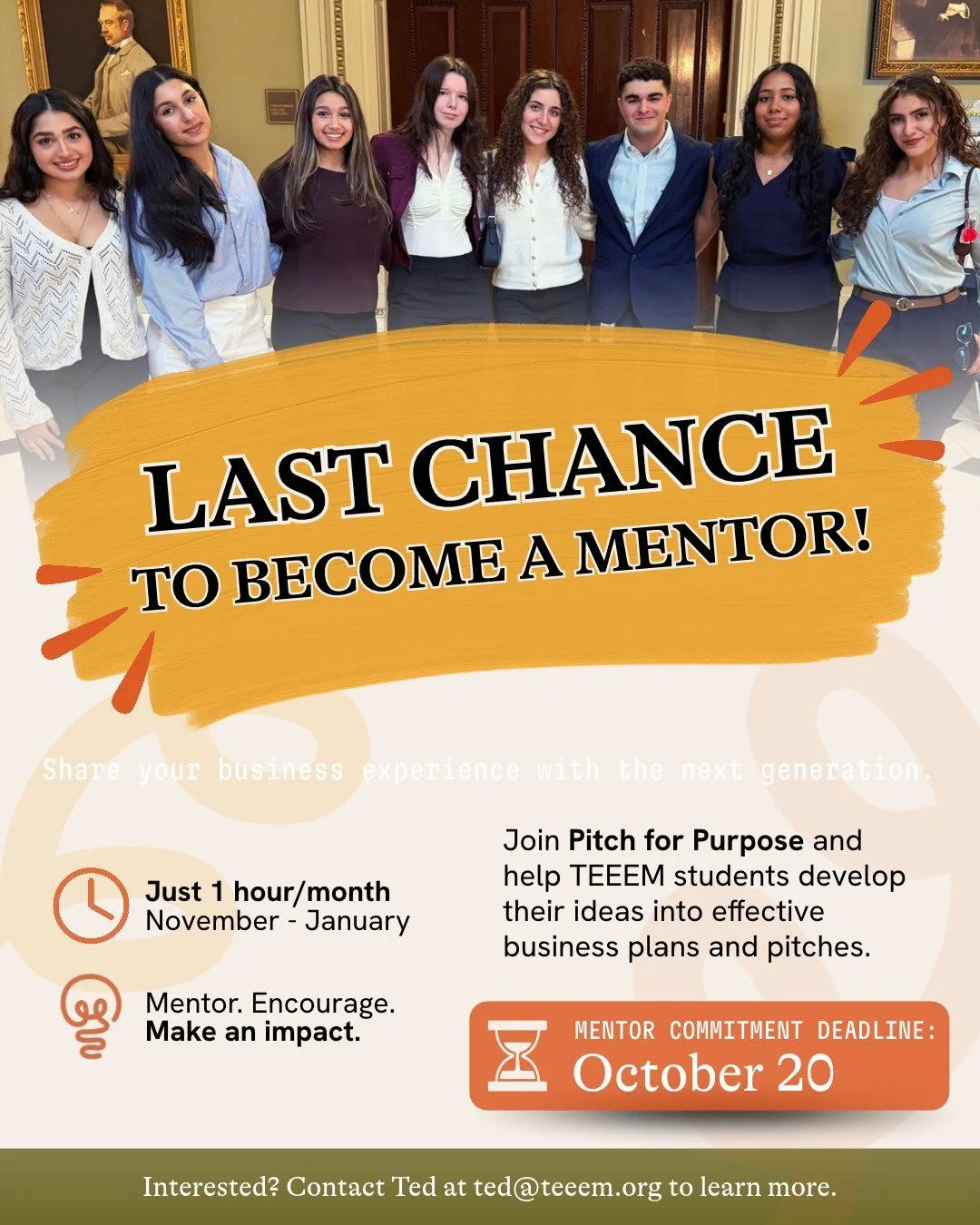⏰ Last chance to become a Pitch for Purpose mentor!

We&rsquo;re still looking for local business professionals who are ready to share their experience and help TEEEM students bring their ideas to life.

Starting in November, mentors will spend just 