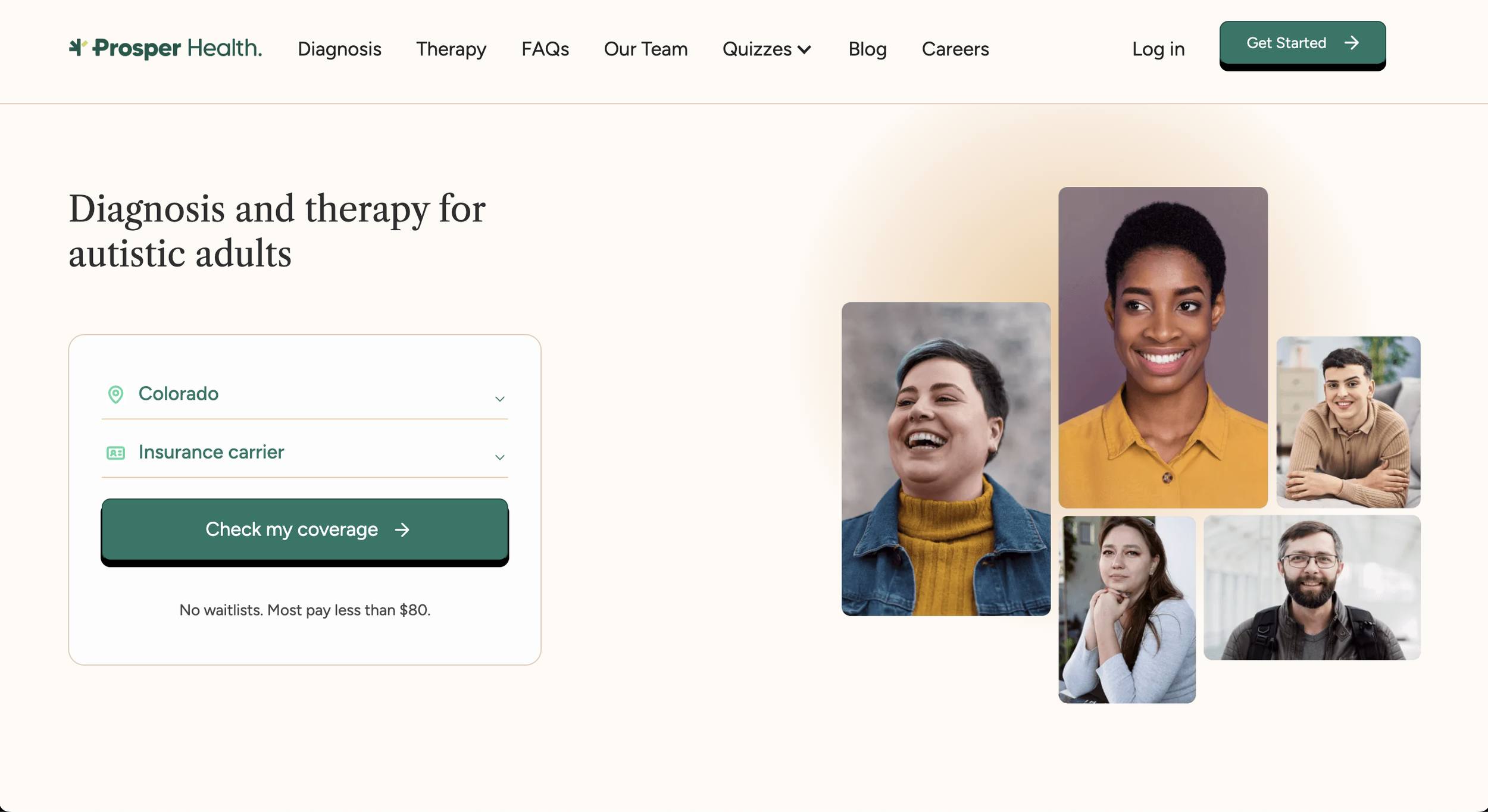 Screenshot of the Prosper Health website homepage, showing the headline "Diagnosis and therapy for autistic adults" with a coverage lookup tool for Colorado.