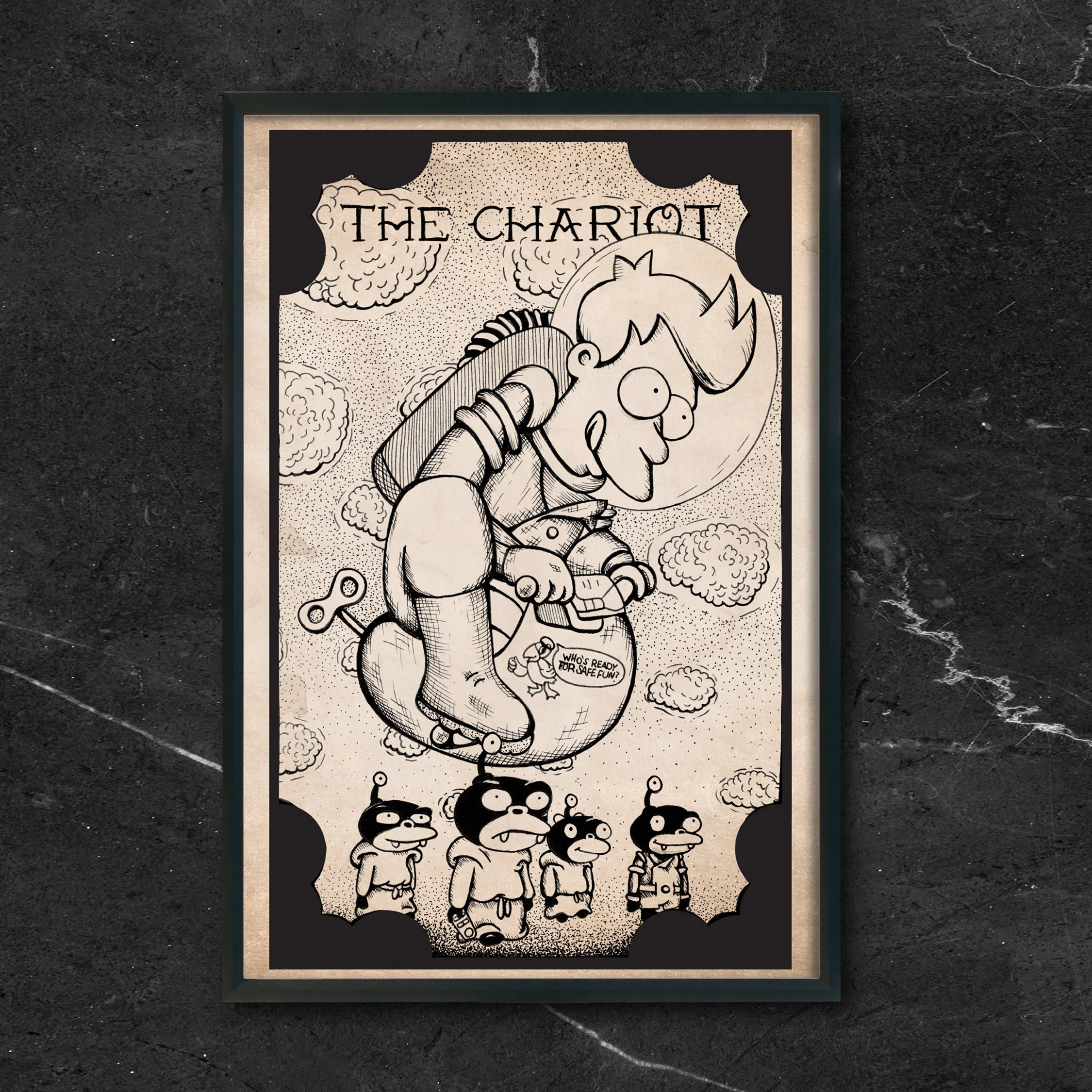Futurama Tarot: The Chariot, Fry & Scooty Puff Jr. (Framed Print)