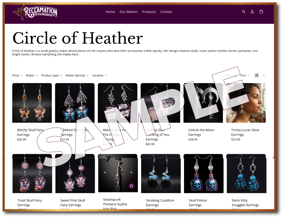 Sample maker page from the Reclamation online shop showing a grid of handmade earrings, marked SAMPLE