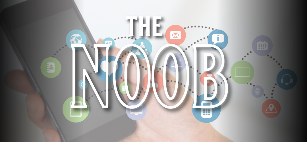 A hand holding a smartphone surrounded by colorful social media and communication icons connected by dotted lines, with the words "The N00B" in large bold white lettering overlaid.