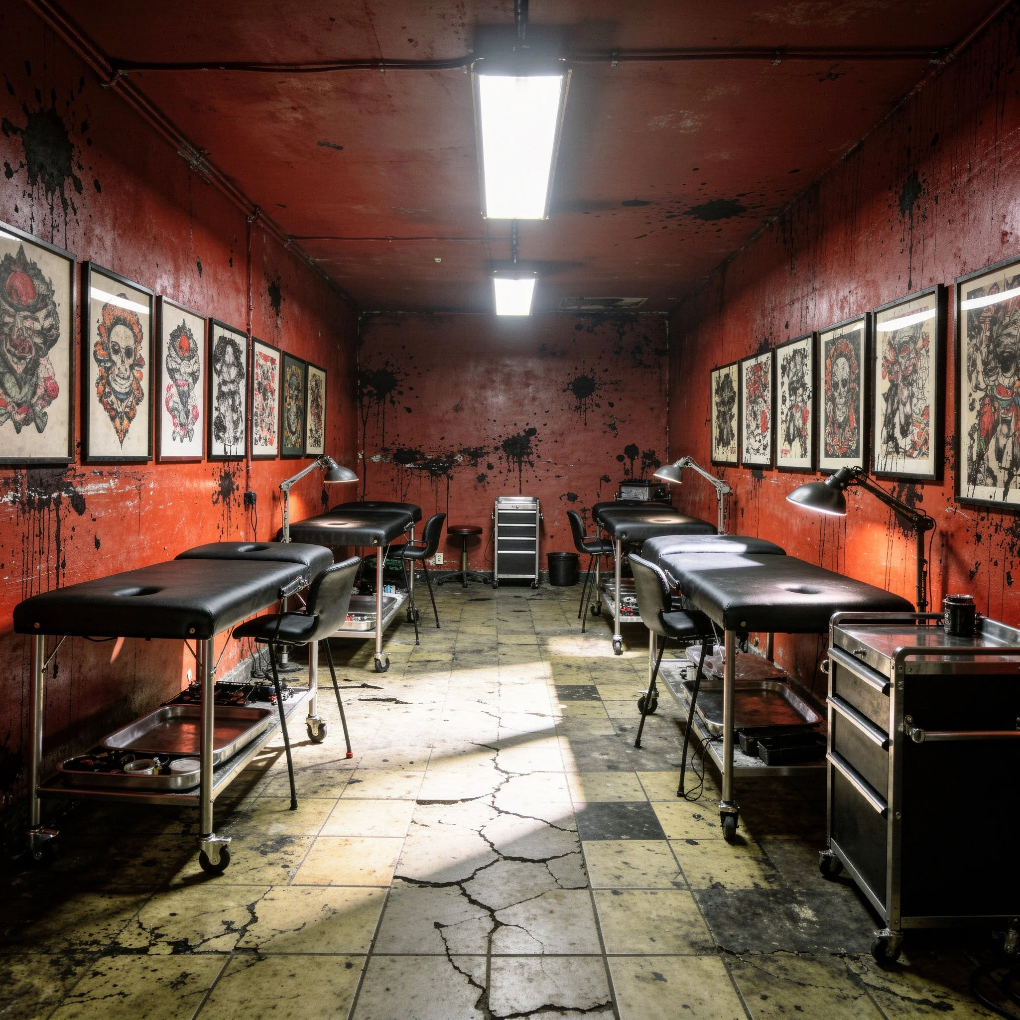A dimly lit, gritty open-floor tattoo shop with cracked tile floors, red walls splattered with black ink, rows of black leather tattoo beds, and framed flash art lining both sides of the room. The kind of place that makes you turn around at the door.
