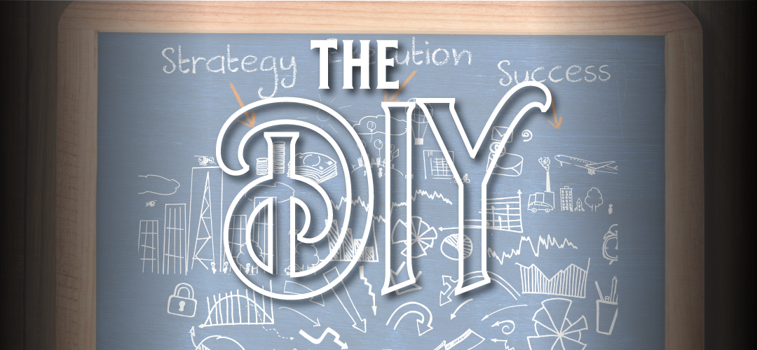 Alt text: Dark chalkboard covered in hand-drawn marketing diagrams and icons with the words "The DIY" in large decorative white lettering. Words Strategy, Solution, and Success are written across the top with arrows pointing down.