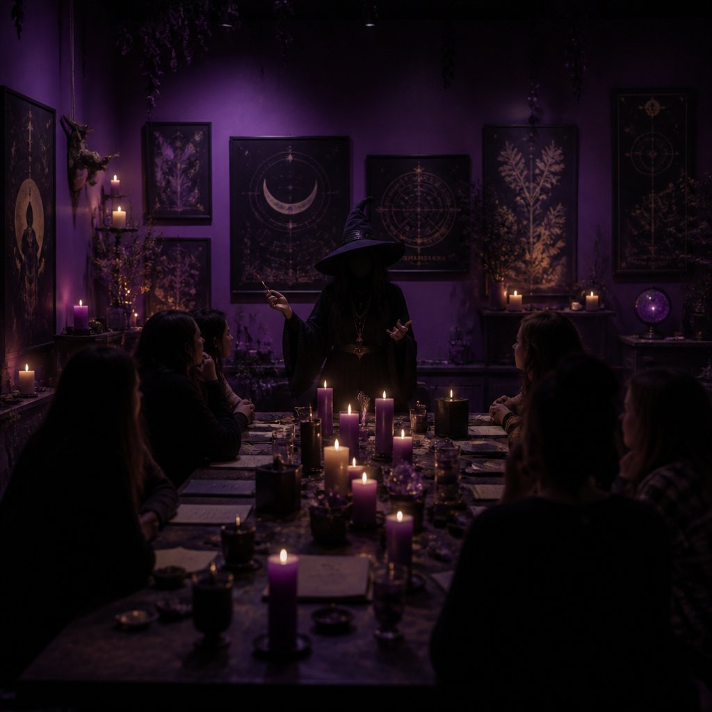 Robed instructor leading a candlelit workshop in a purple room with occult art and moon imagery on the walls, attendees seated around a long table.