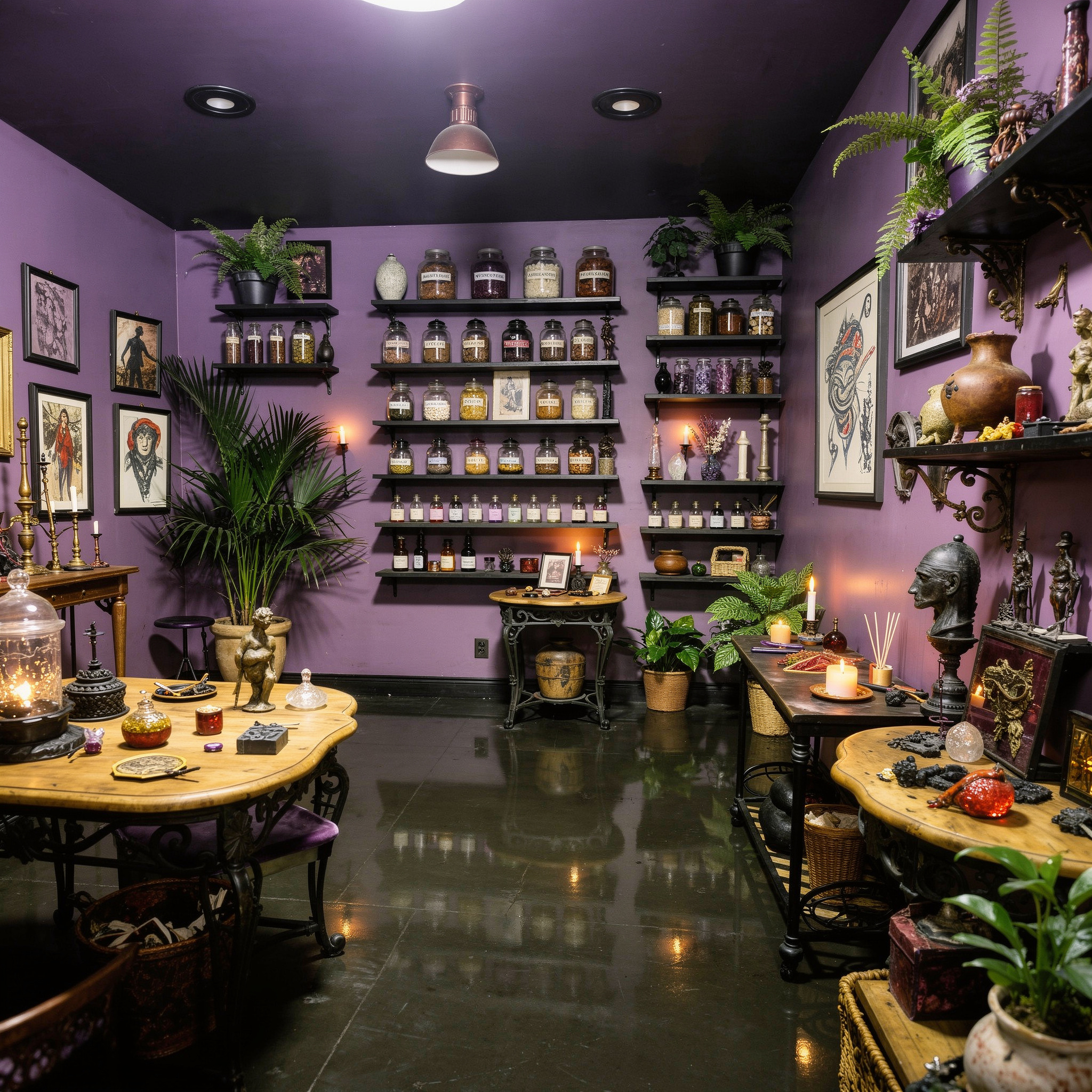 Purple-walled oddities and apothecary retail space with floor-to-ceiling shelves of glass jars, candles, plants, sculptures, and curated objects on ornate display tables.