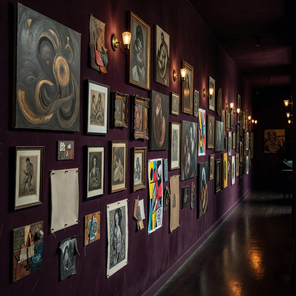 Dense gallery wall of mixed media artwork covering a deep plum purple hallway lit by vintage sconces.