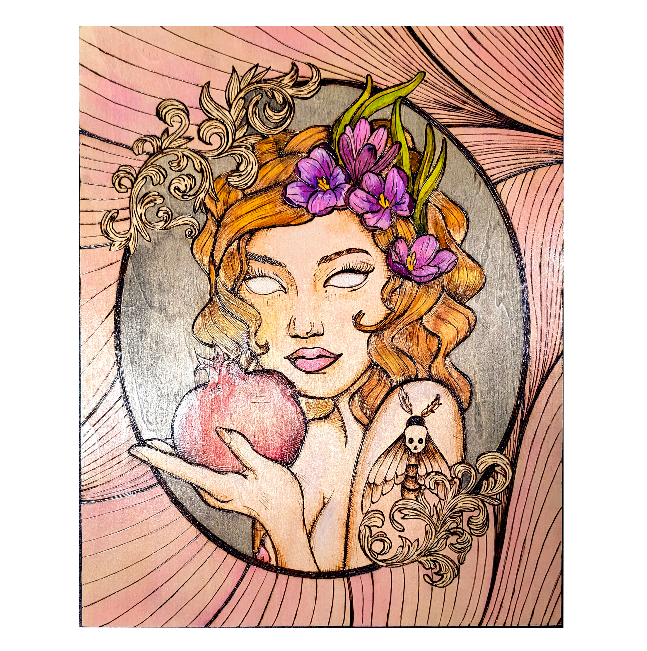 Persephone's Return, pyrography and watercolor of a partially nude woman with crocuses in her hair holding a pomegranate