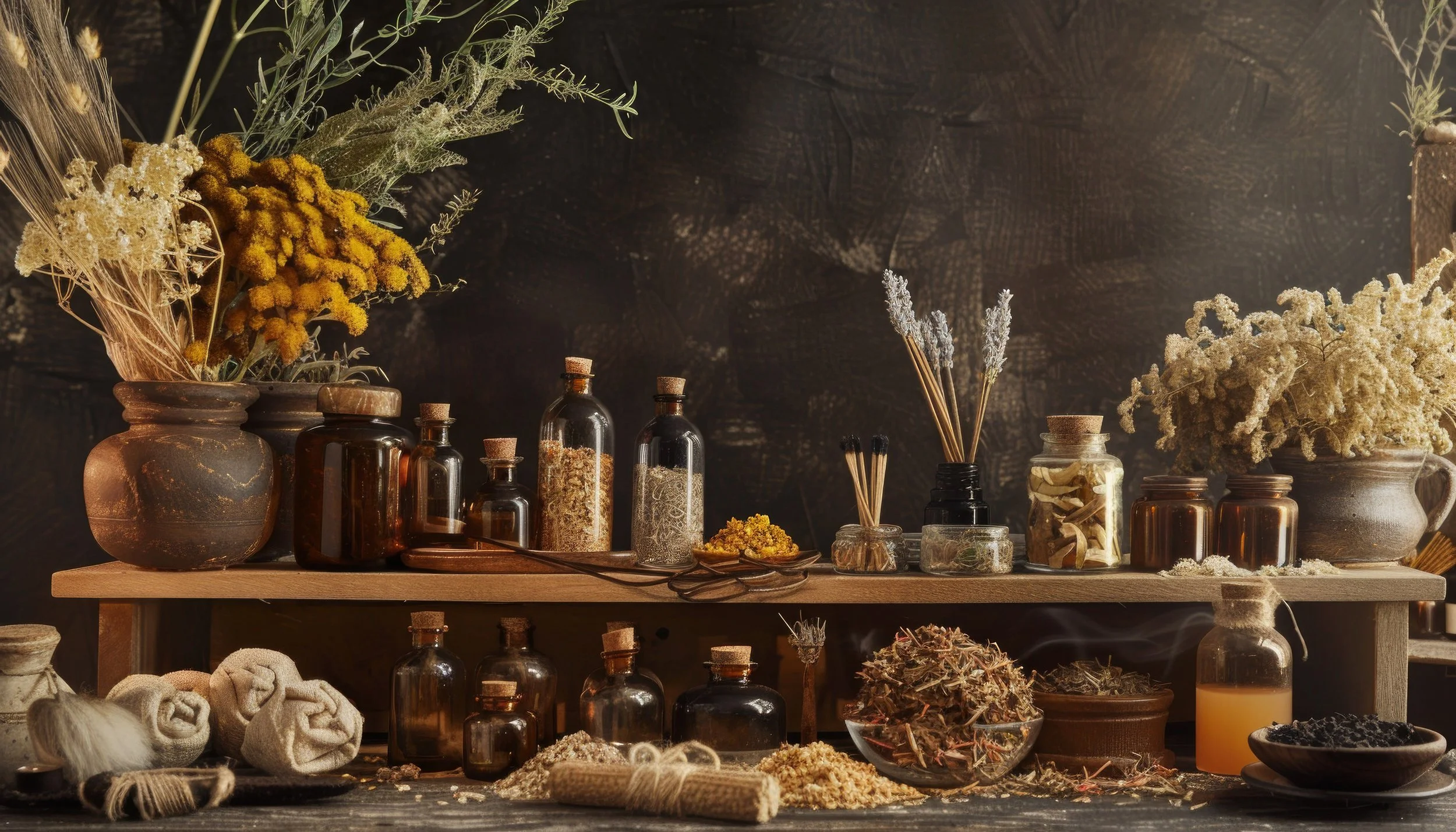 Wooden shelves displaying amber glass apothecary bottles with cork stoppers, dried herbs and botanicals, incense sticks, clay vessels, and scattered loose plant matter against a dark textured wall.