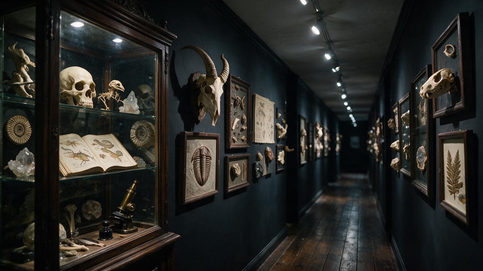 Dark gallery hallway lined with framed fossils, animal skulls, and pressed botanical specimens, with a wooden curiosity cabinet holding a human skull, crystals, an antique microscope, and an open illustrated book in the foreground.