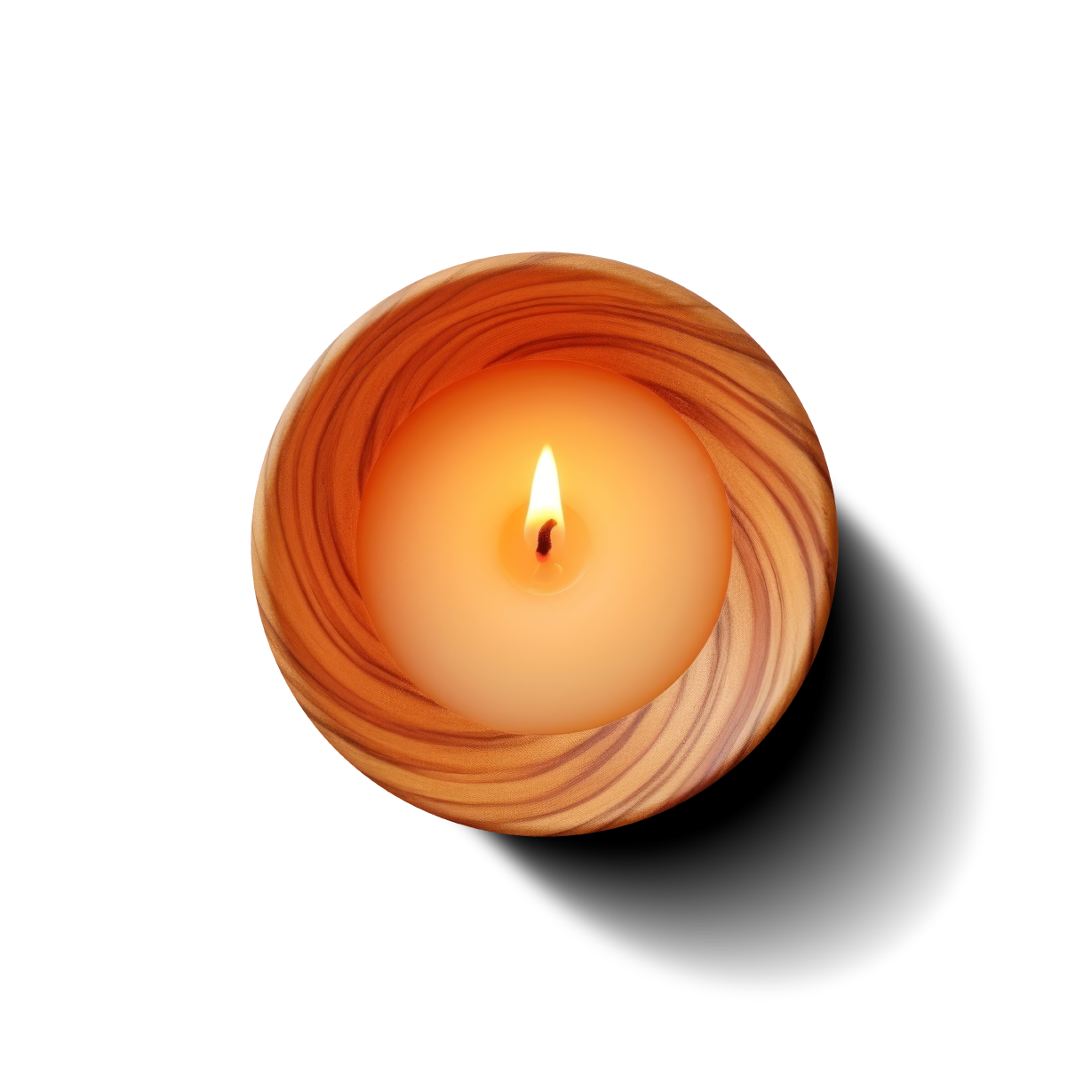 Top view of a lit round candle with swirled orange and cream wax