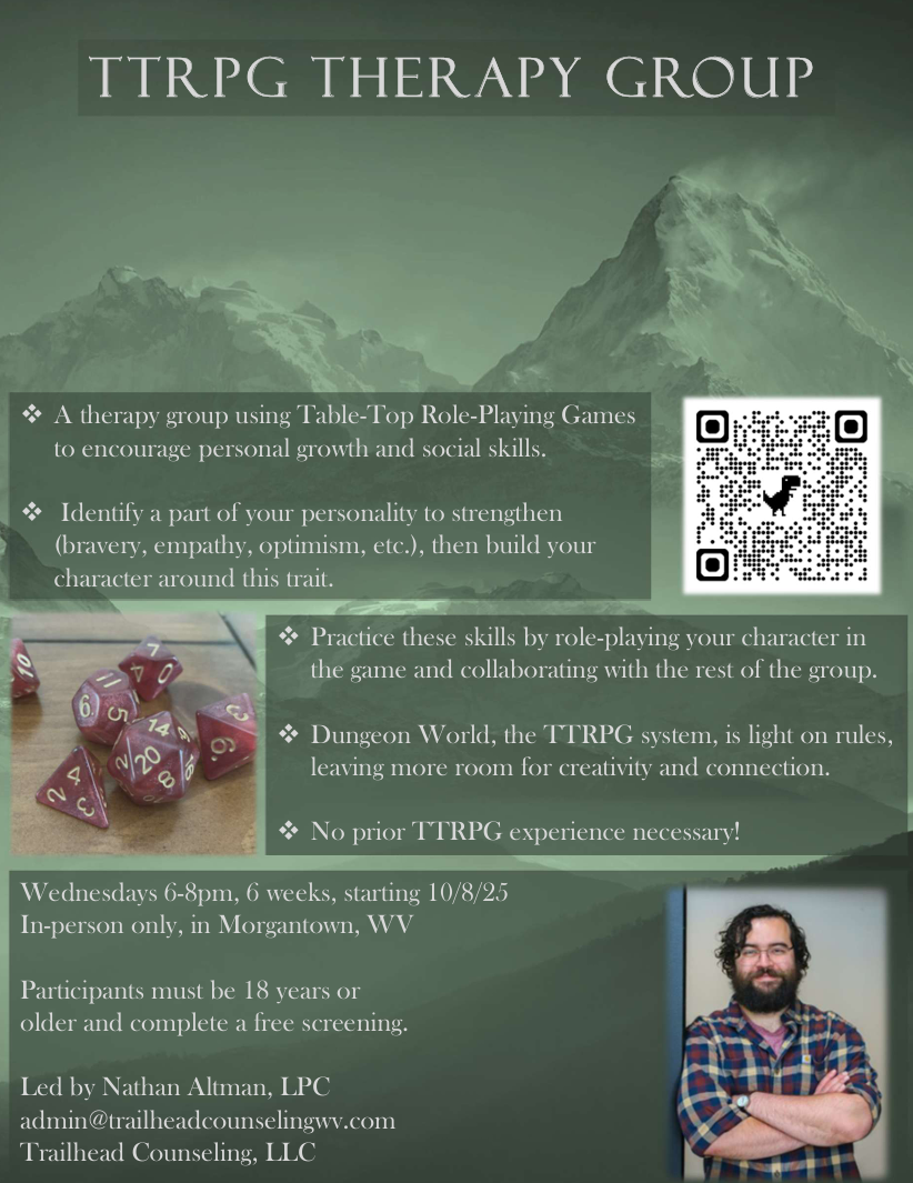 Flyer for TTRPG Therapy Group, D&D therapy, Dungeons and Dragons