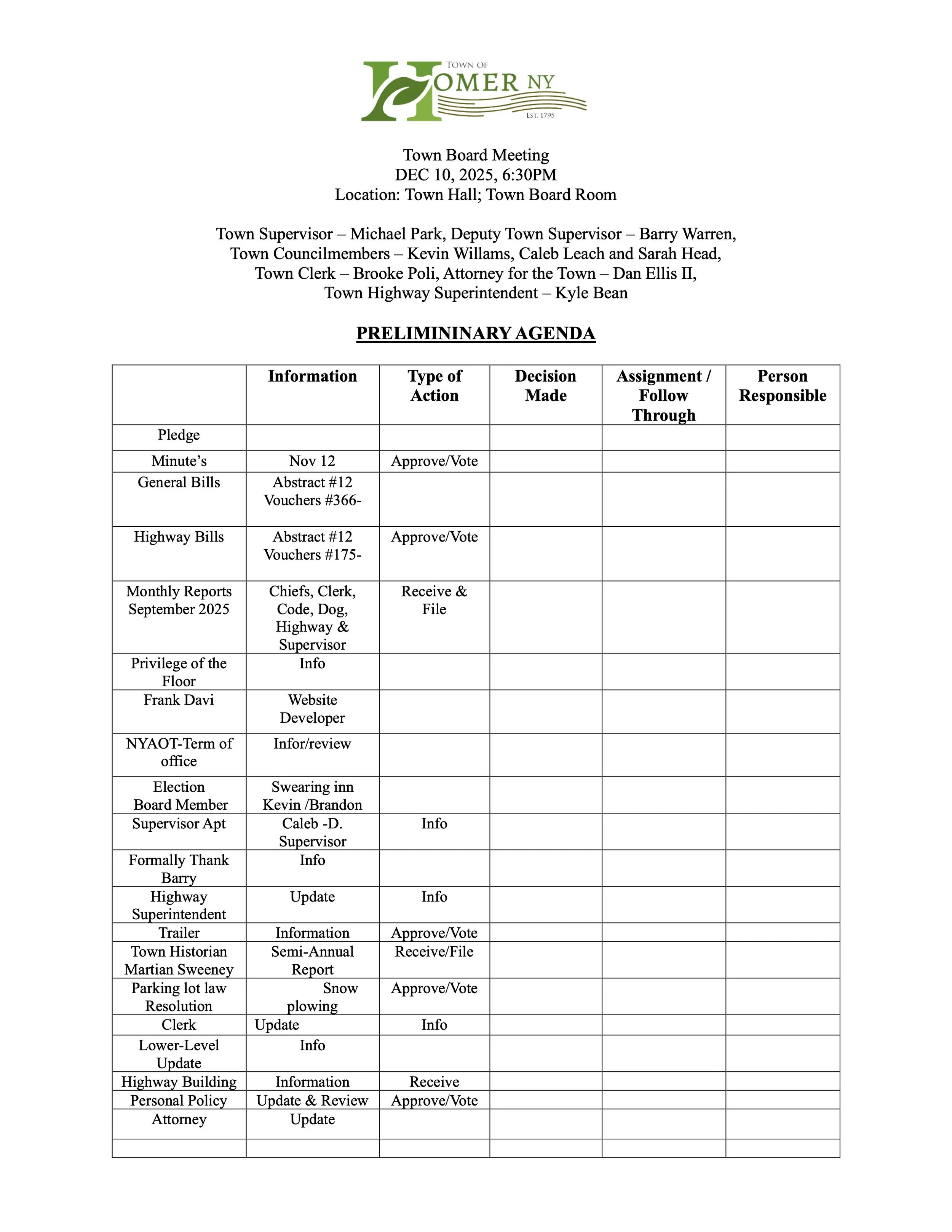 December 10, 2025 Town Board Meeting