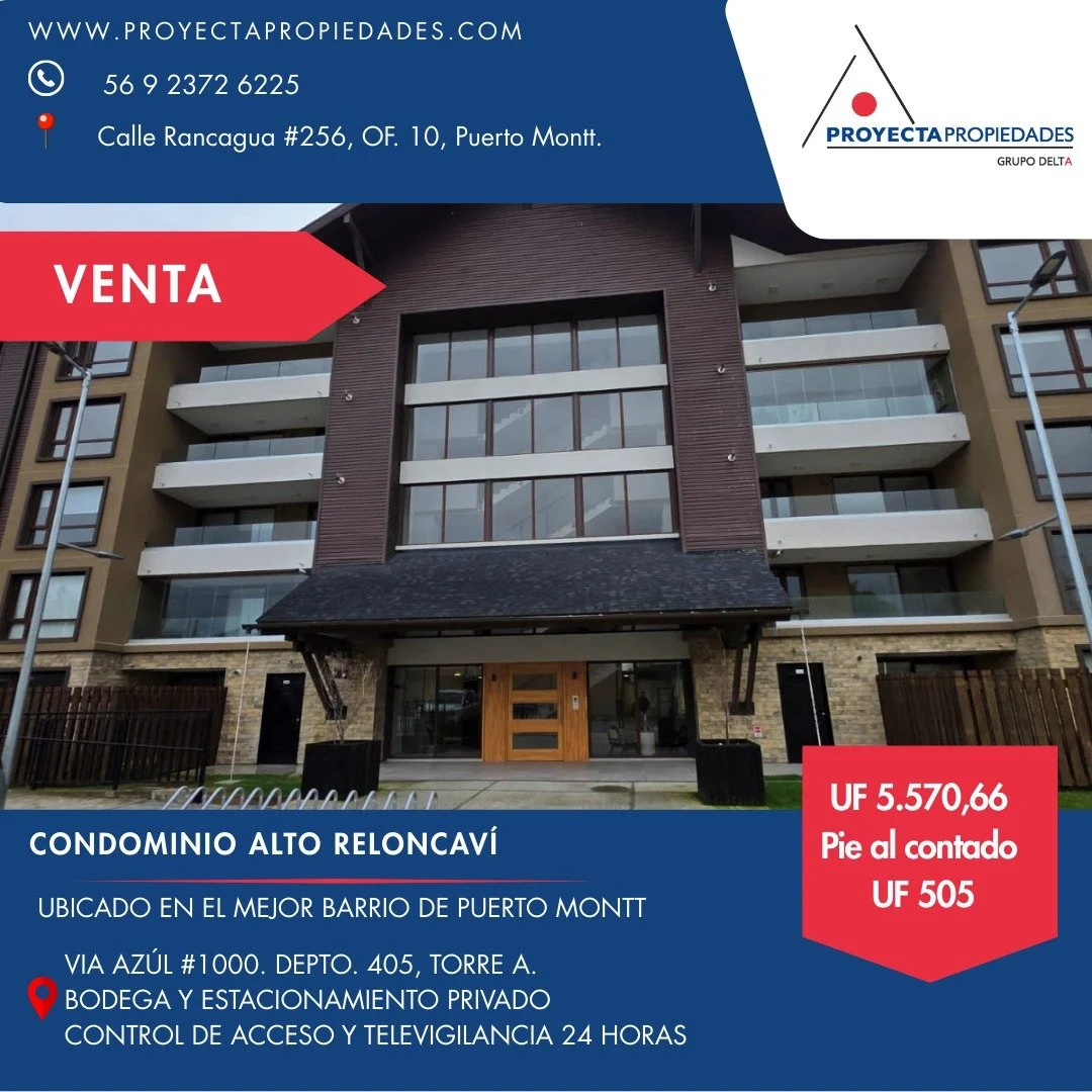 ALTO RELONCAV&Iacute;: TU NUEVO DEPARTAMENTO FRENTE AL MAR EN PUERTO MONTT.
CARACTER&Iacute;STICAS 
📐 84,62 M2
Depto 405, 4to piso. Vista a la Bah&iacute;a de Puerto Montt. 
3 dormitorios
2 ba&ntilde;os/1 en suite
Bodega
Estacionamiento
Ubicado a 3 