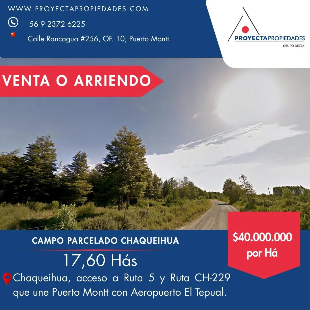 EN VENTA: CAMPO DE 17,60 HECT&Aacute;REAS PARCELADAS EN CHAQUEIHUA, PUERTO MONTT.
UF17.938
Propiedad colindante con R&iacute;o.
Gran cantidad de &aacute;rboles nativos.
Acceso directo a ruta Tepual, y Ruta 5. Cercano a aeropuerto El Tepual
A 13, 6 km