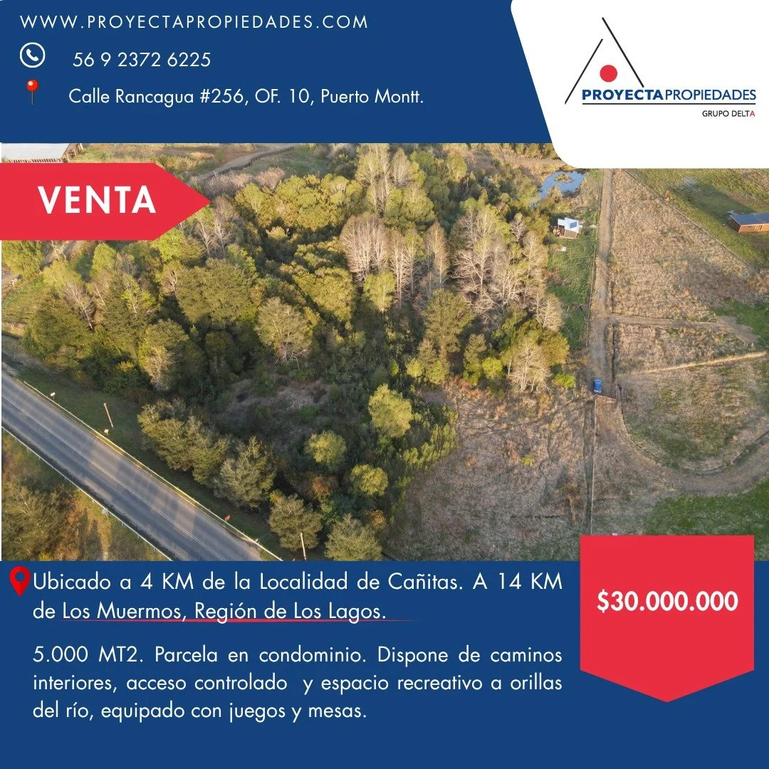 5.000 MT2 
Ubicado a 4 KM de la Localidad de Ca&ntilde;itas, y a 14 KM de la Comuna de Los Muermos.
Entorno Natural: Combinaci&oacute;n de Terreno: Presenta &aacute;reas de llanura y bosque nativo.
Recursos H&iacute;dricos: Incluye un arroyo dentro d