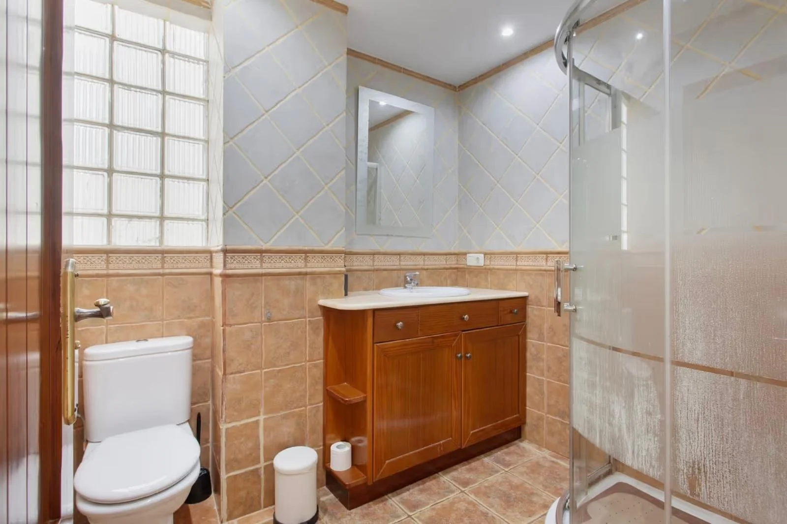 Baño pequeño con lavabo de madera, espejo y ducha en esquina, inodoro y ventanas de bloques de cristal