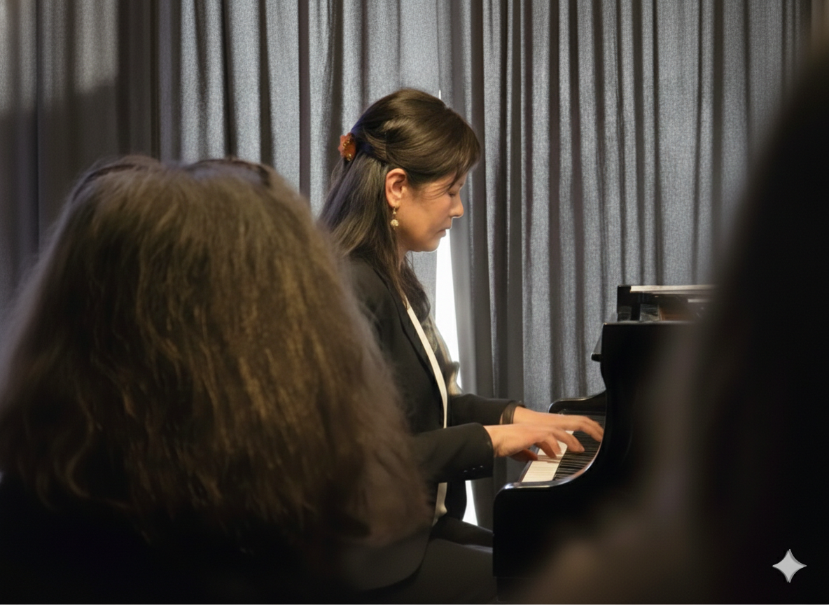 A woman playing a black grand piano in front of gray curtains, with blurred people in the foreground.