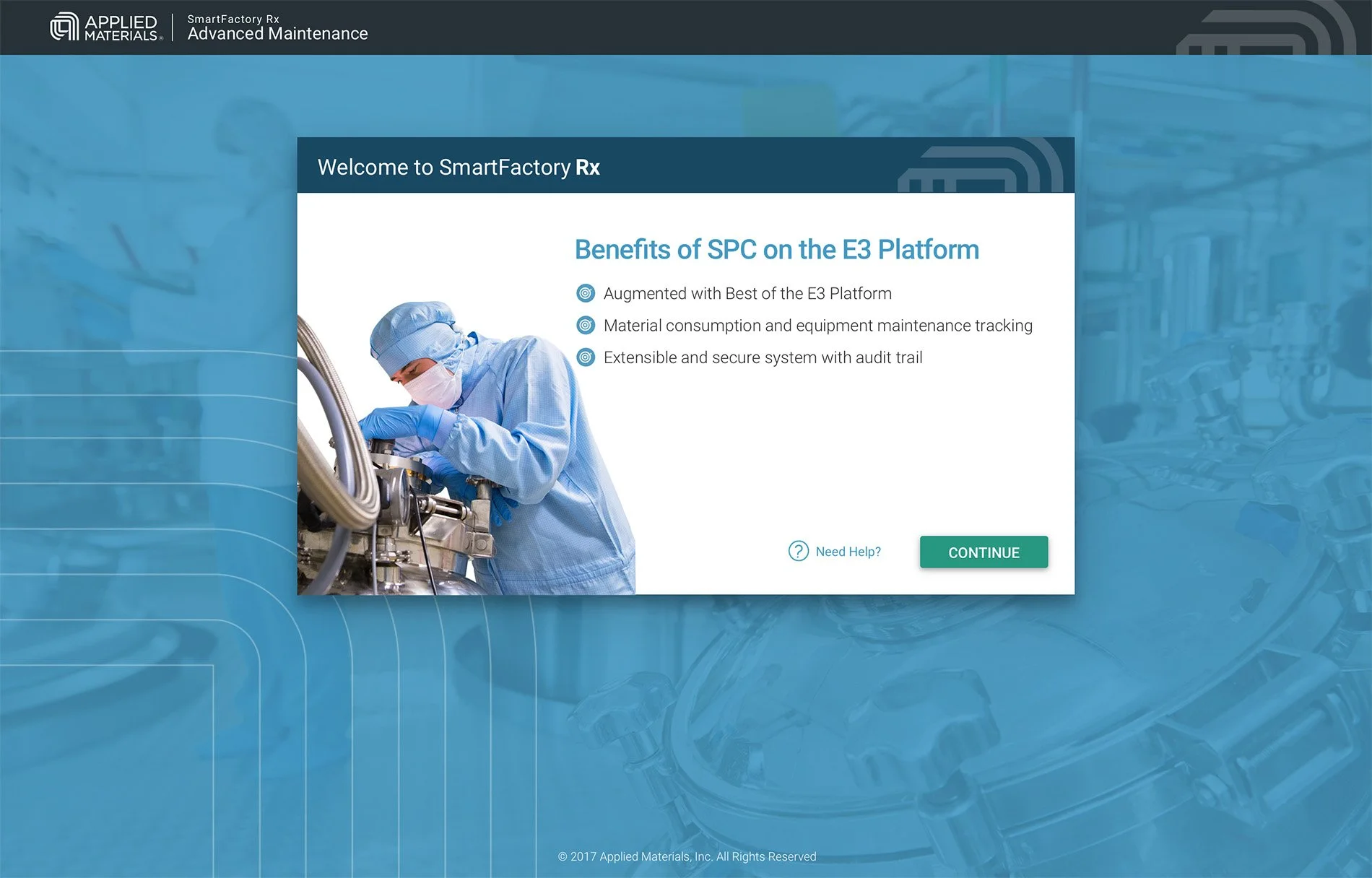 An intro screen for SmartFactory, a collection of apps used to manufacture semiconductors. I was responsible for the layout, graphic-design, and final html CSS styling.