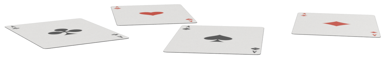 Four playing cards are spread out on a dark surface. They are the Ace of Clubs, Ace of Hearts, Ace of Spades, and Ace of Diamonds.