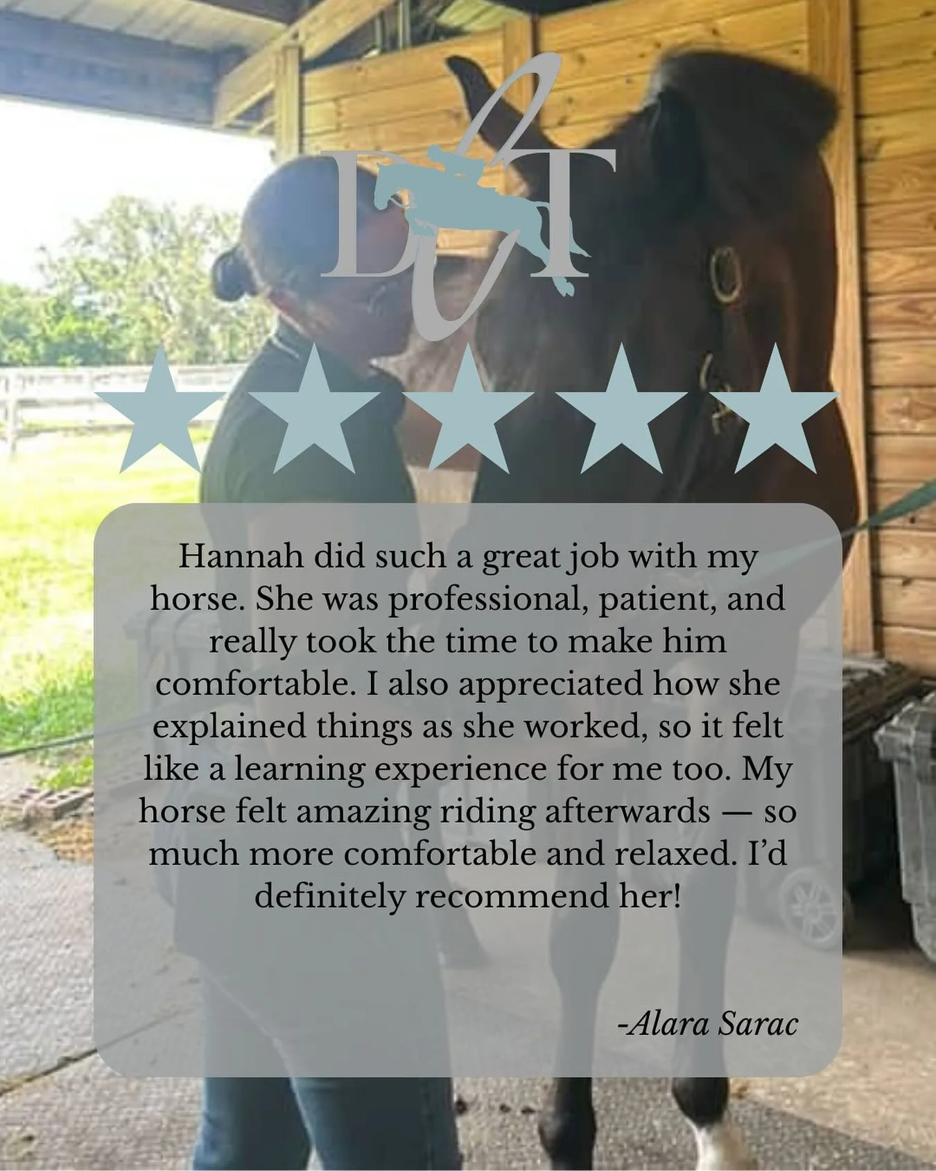 Thank you Alara for this amazing review!
Curious about equine massage therapy? π΄ While your horse enjoys the benefits, you can learn more about techniques and how it helps with performance, recovery, and overall wellness.
π
Book your first session