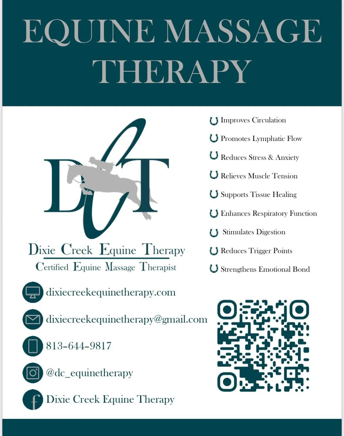 It’s showtime! ππ Dixie Creek Equine Therapy will be at South East Medal Finals this week at the Bob Thomas Equestrian Center!
If your horse could use a boost before heading into the ring — whether it’s muscle stimulation to enhan