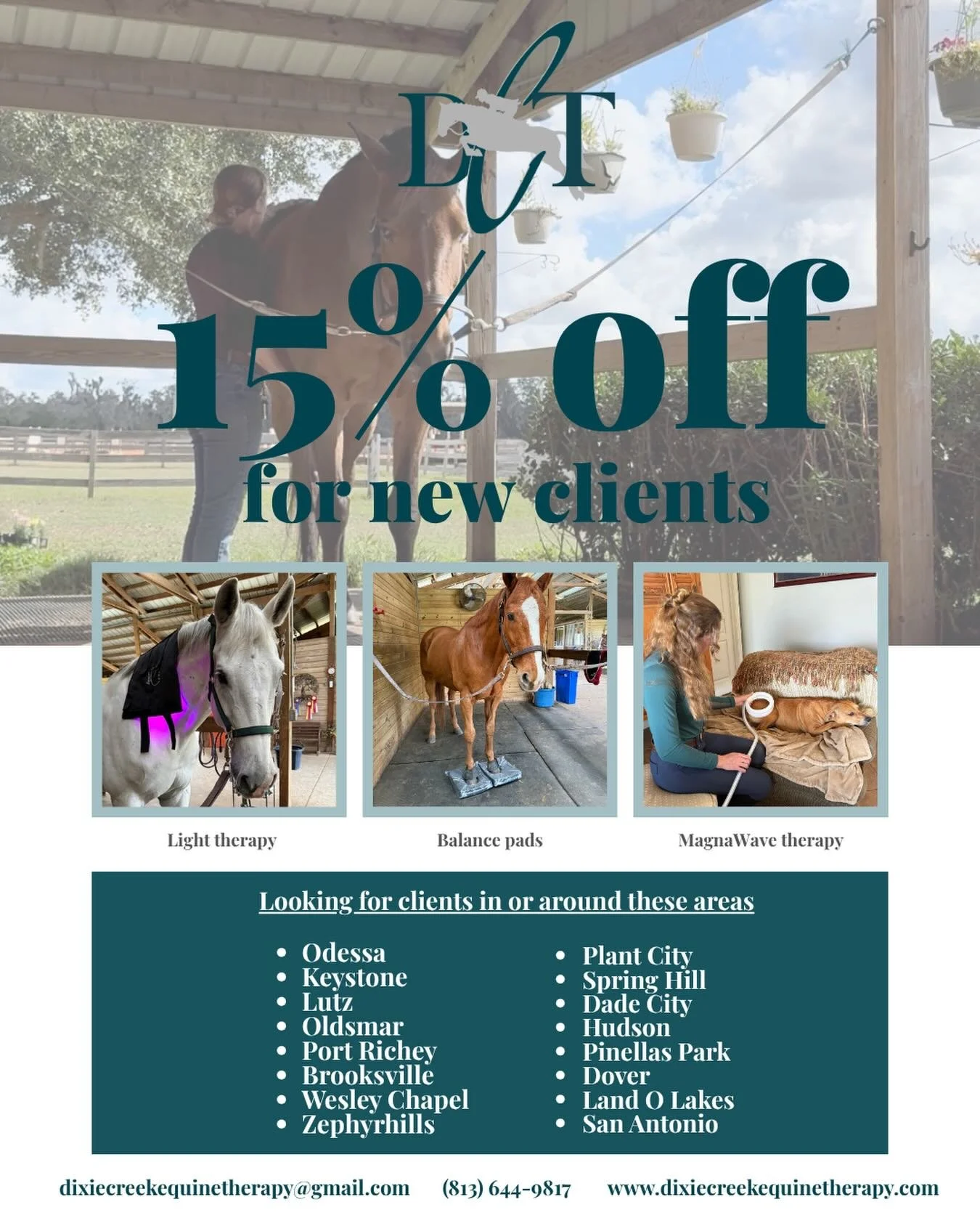 Welcoming New Clients! ✨🐎
Dixie Creek Equine Therapy is now accepting new clients in these areas and surrounding communities!
Give your horse the care they deserve with a customized session designed to improve comfort, performance, and overall well-