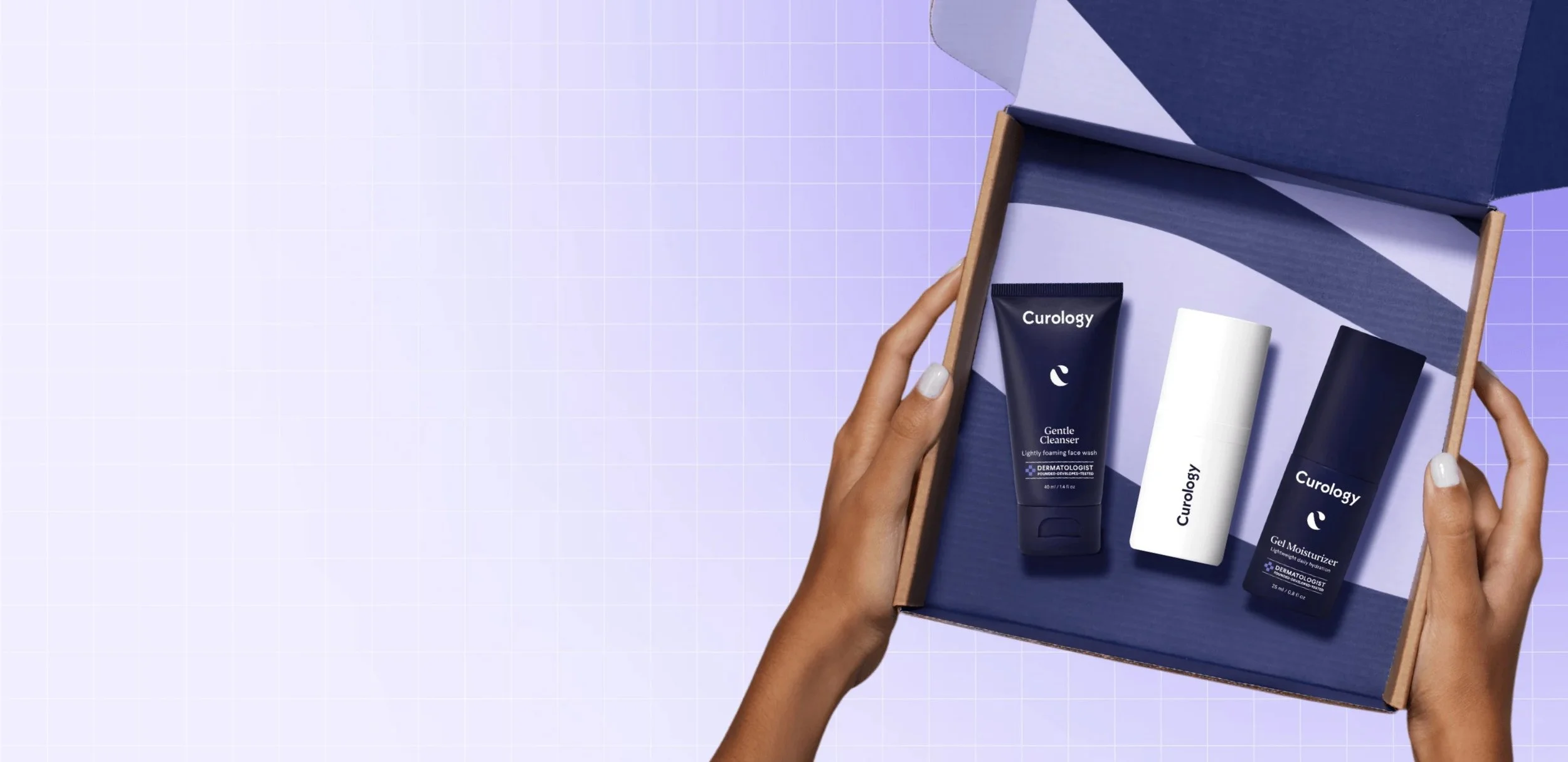 A person's hands holding an open box with skincare products labeled 'Curology' inside, against a lavender purple grid background.