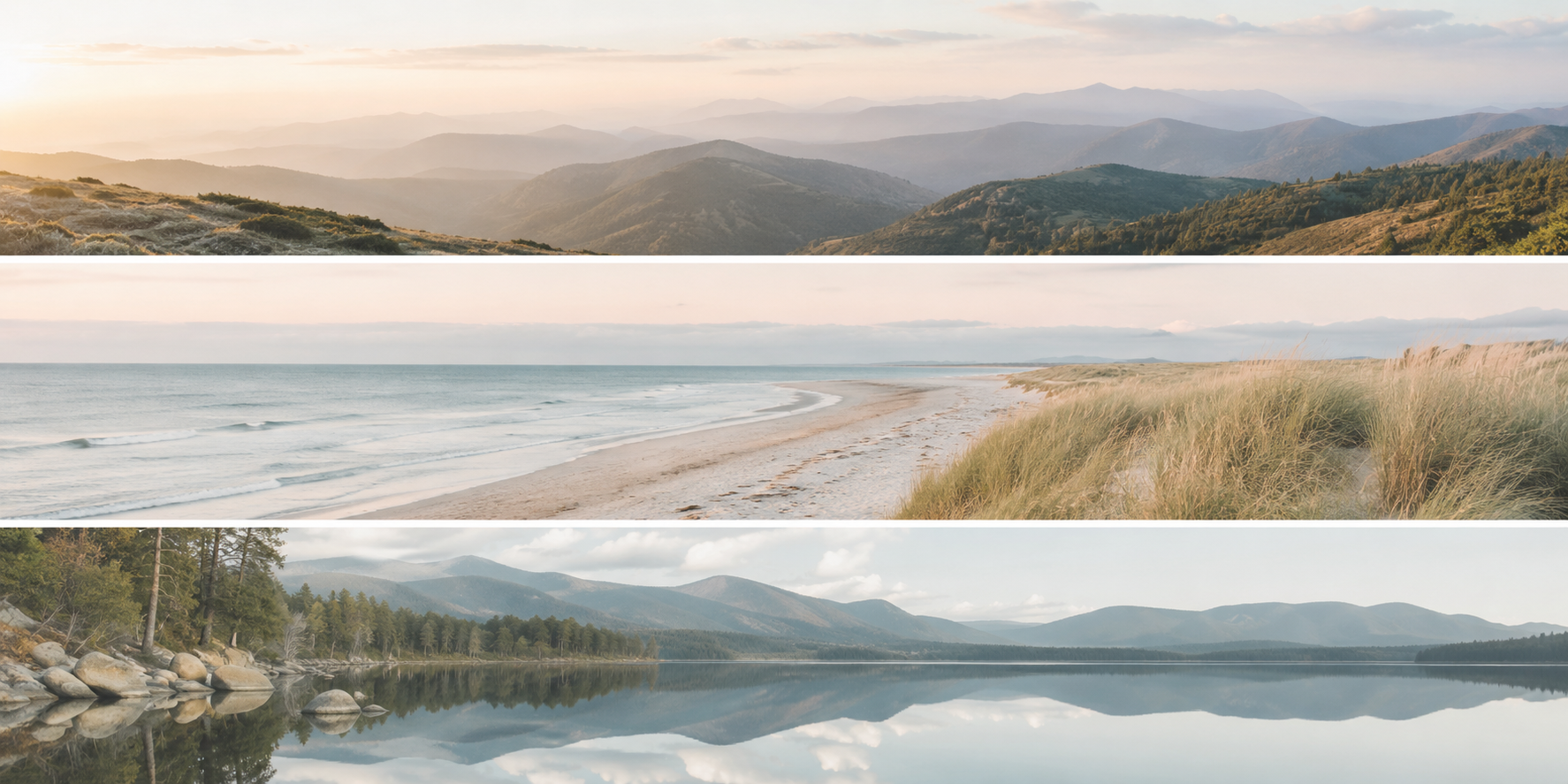 A triptych of landscape photos: the top shows distant mountain ranges at sunset with rolling hills, the middle features a sandy beach with grass and ocean waves, and the bottom displays a calm lake reflecting a tree-lined shoreline and mountain peaks under a cloudy sky.
