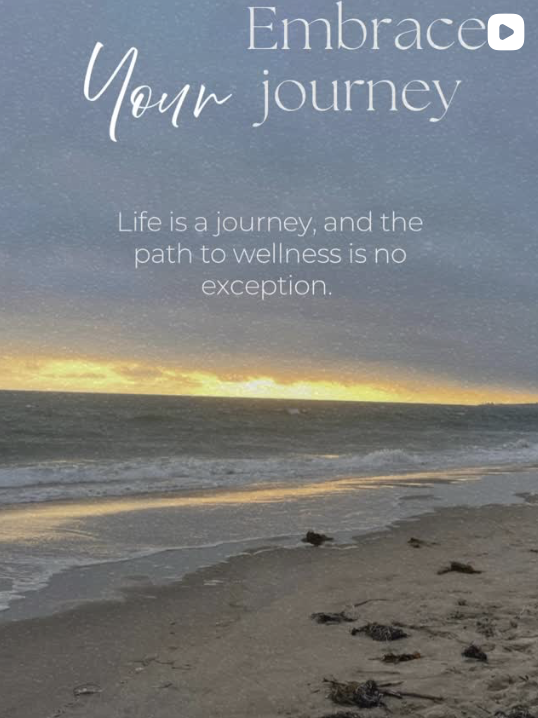 Sunset over the ocean with a sandy beach in the foreground, ocean waves, and text that reads 'Embrace Your journey. Life is a journey, and the path to wellness is no exception.'
