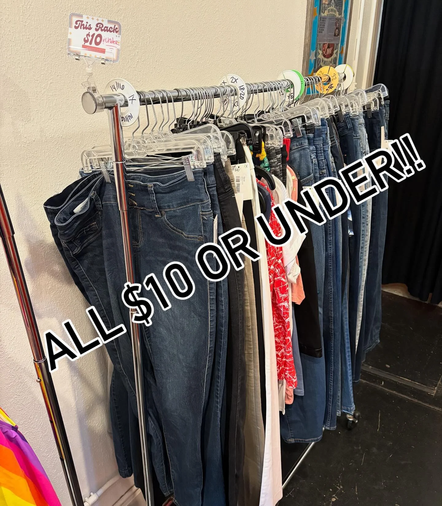 We&rsquo;re marking things down!!! We are sooooo full of jeans right now that we pulled a bunch just to make room for other things. Come on down cuz the price is right! #clearancerack #markdowns #cheappants #plussizeresale #plussizethrift #iwantsecon