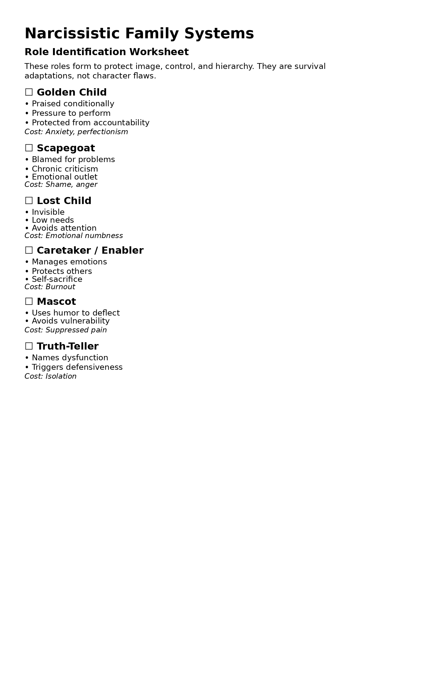 Narcissist Role Worksheet