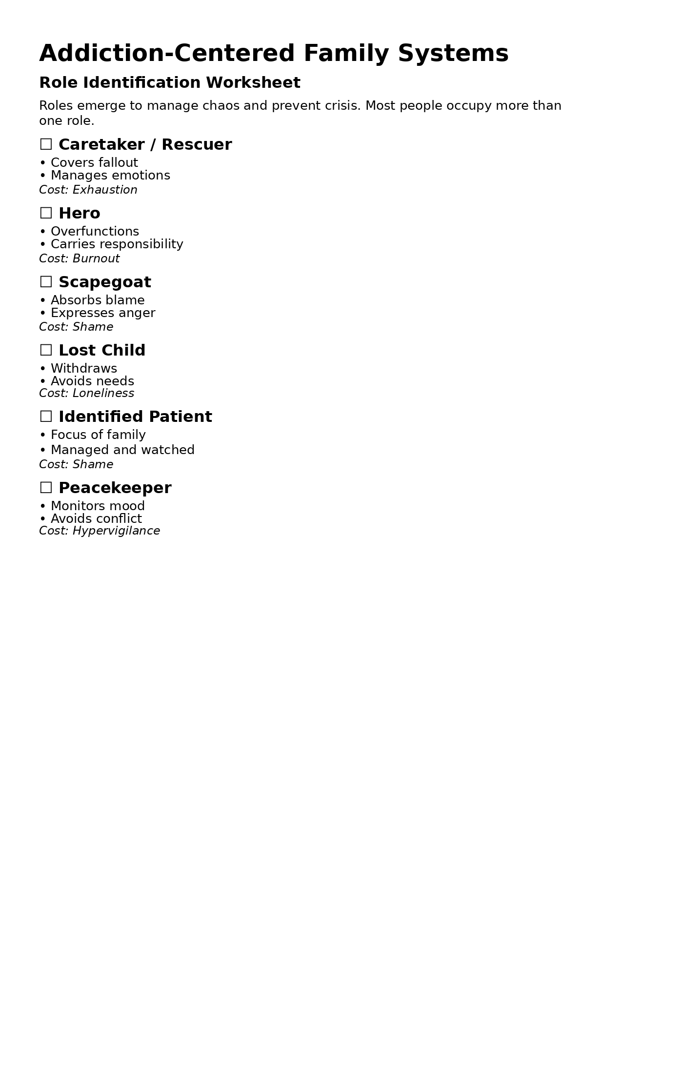 Addiction Family Role Worksheet