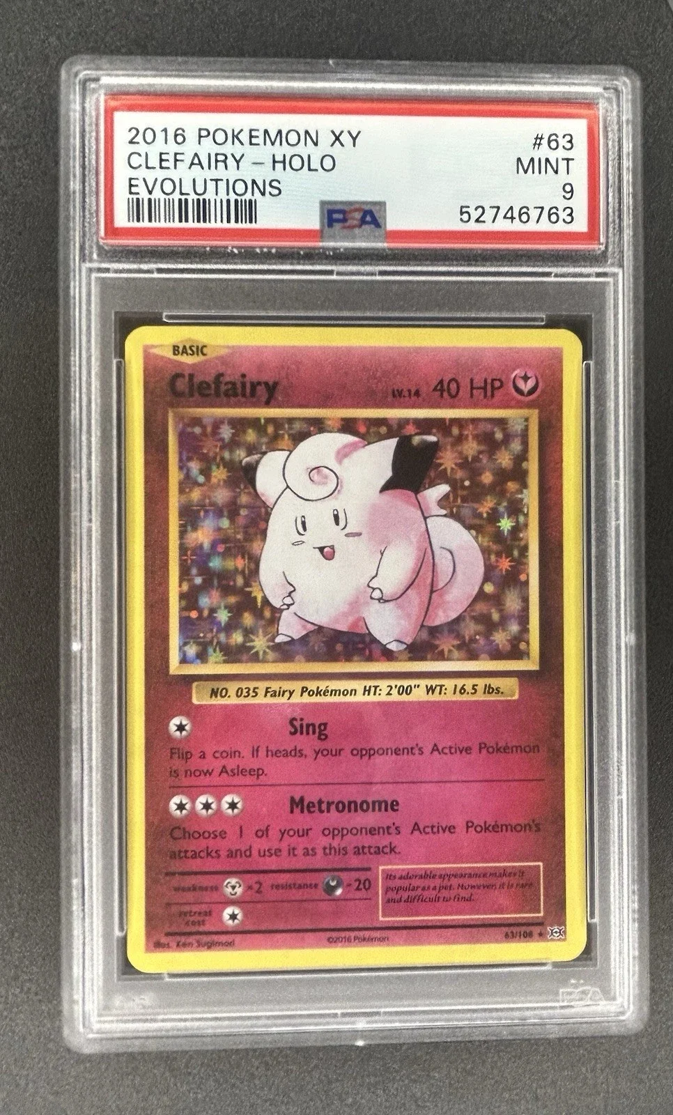 2016 Pokemon TCG Evolutions Clefairy Card 63/108 Holo Rare PSA 9