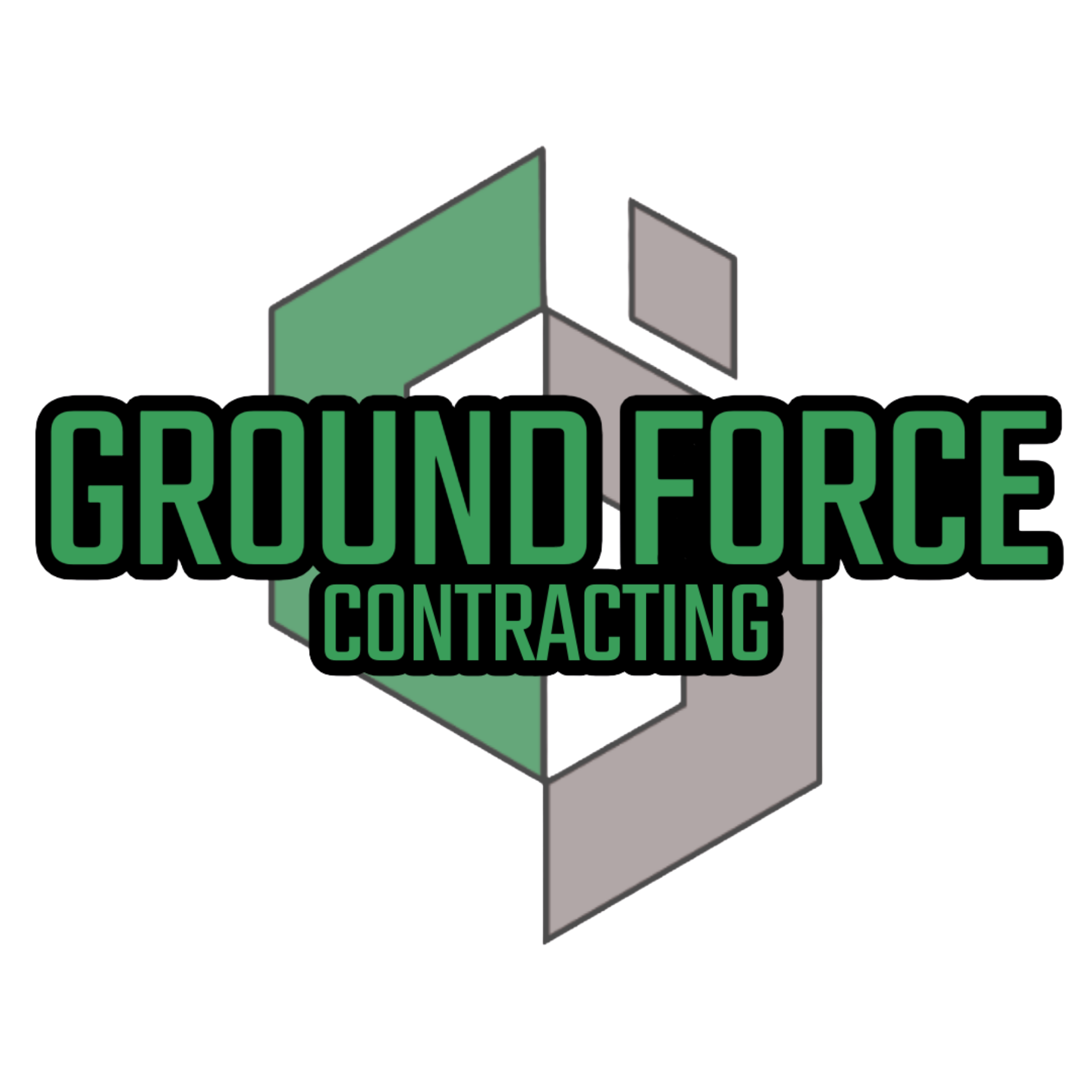 Logo for Ground Force Contracting with a 3D cube design in green, gray, purple, and red, overlaid with the company name in bold green and black text.
