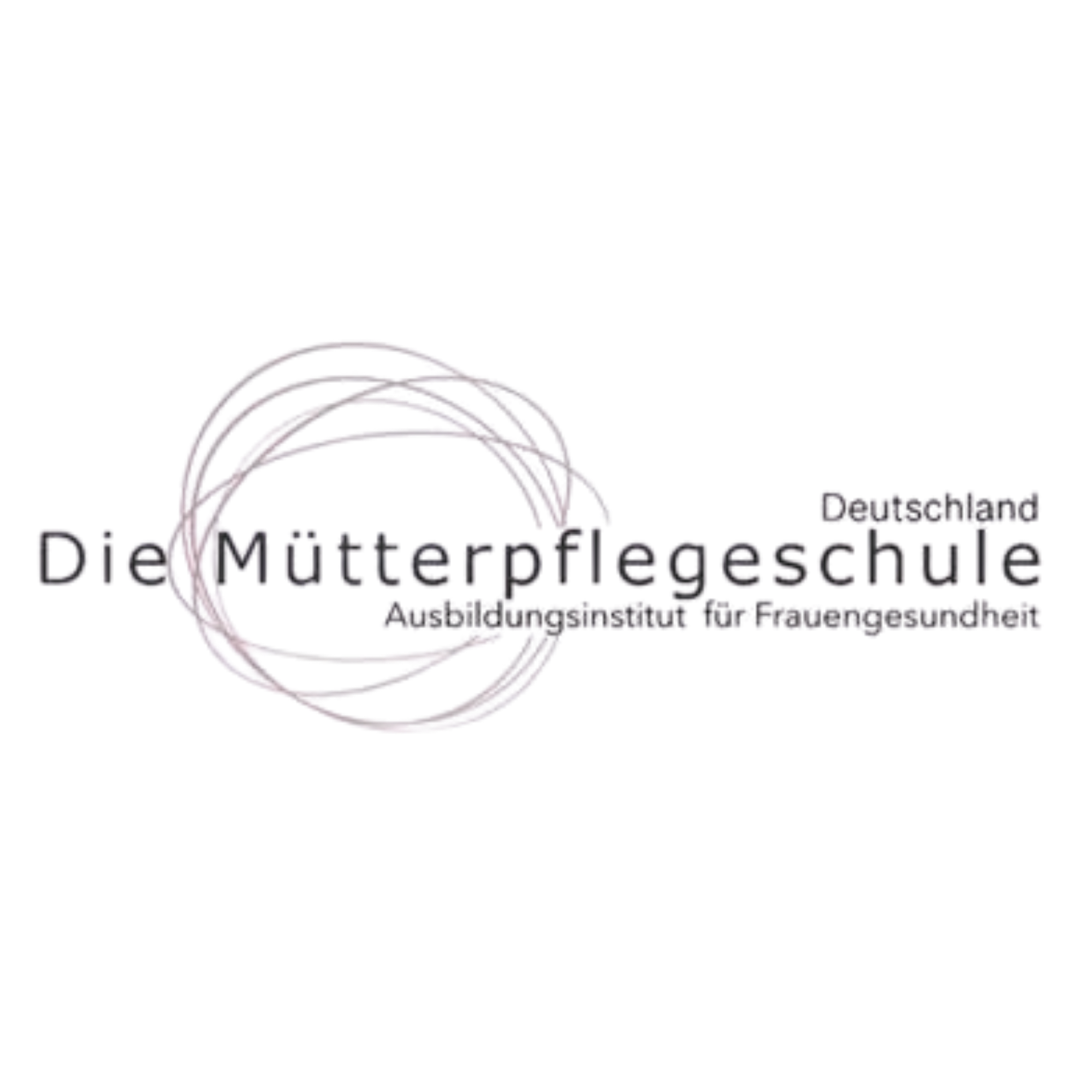 Logo der Deutschen Stiftung der Mutterpflegeschule, bestehend aus einer stilisierten weißen Spirale auf schwarzem Hintergrund, mit schwarzen und lila Text, der die Stiftung für Fachpflegekräfte beschreibt.