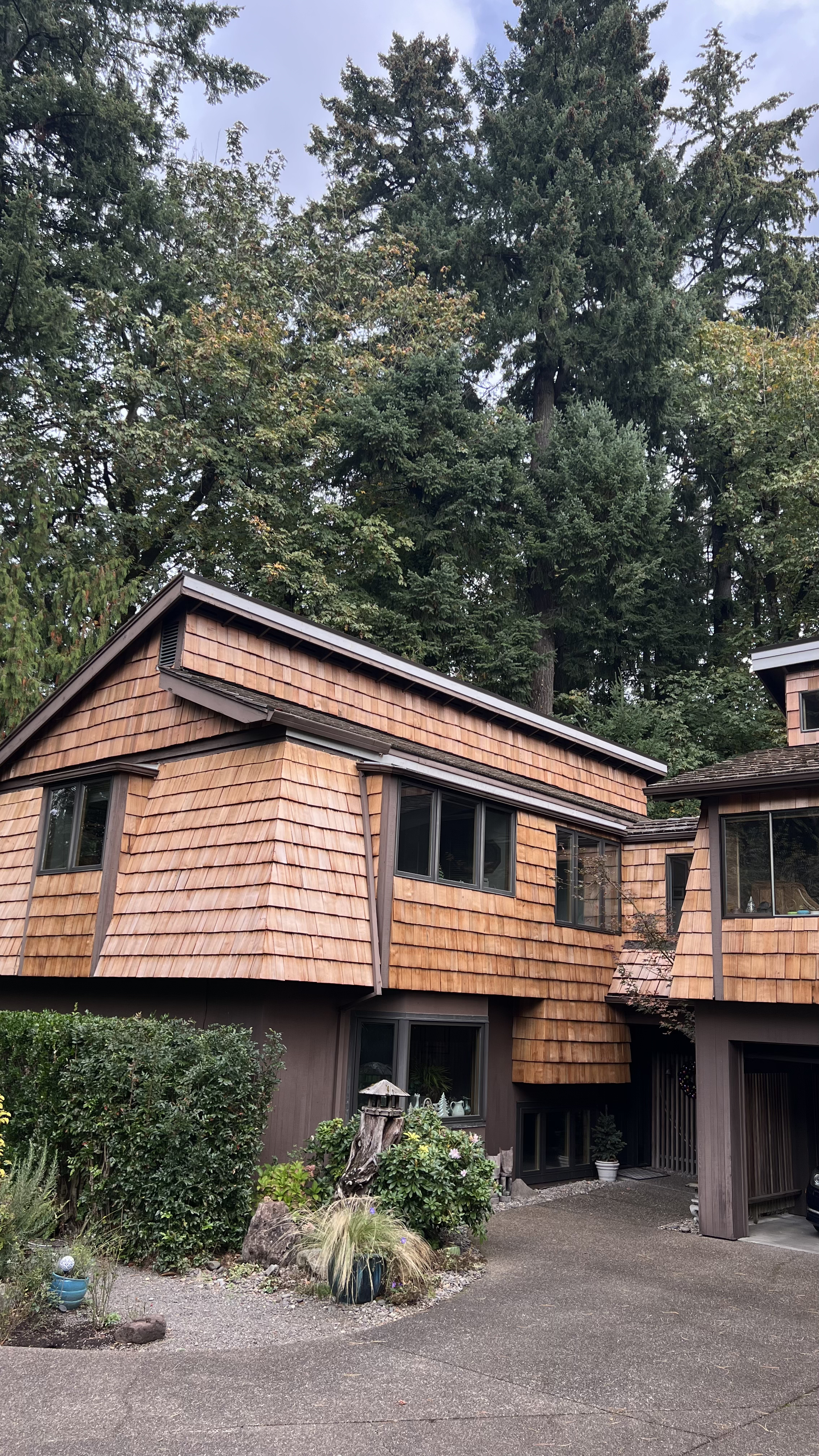 A two-story house with a wooden exterior and large windows, surrounded by lush green trees and garden plants.