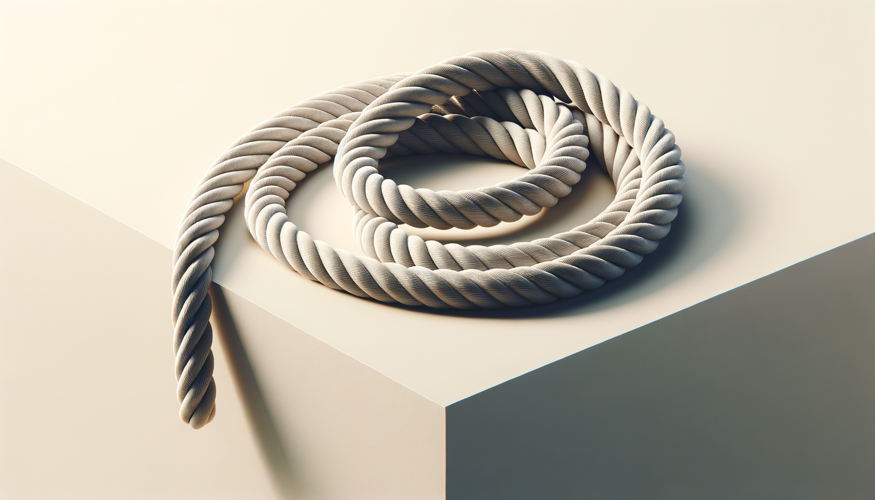 Two coiled beige ropes on a light-colored surface with a shadow cast on the side.