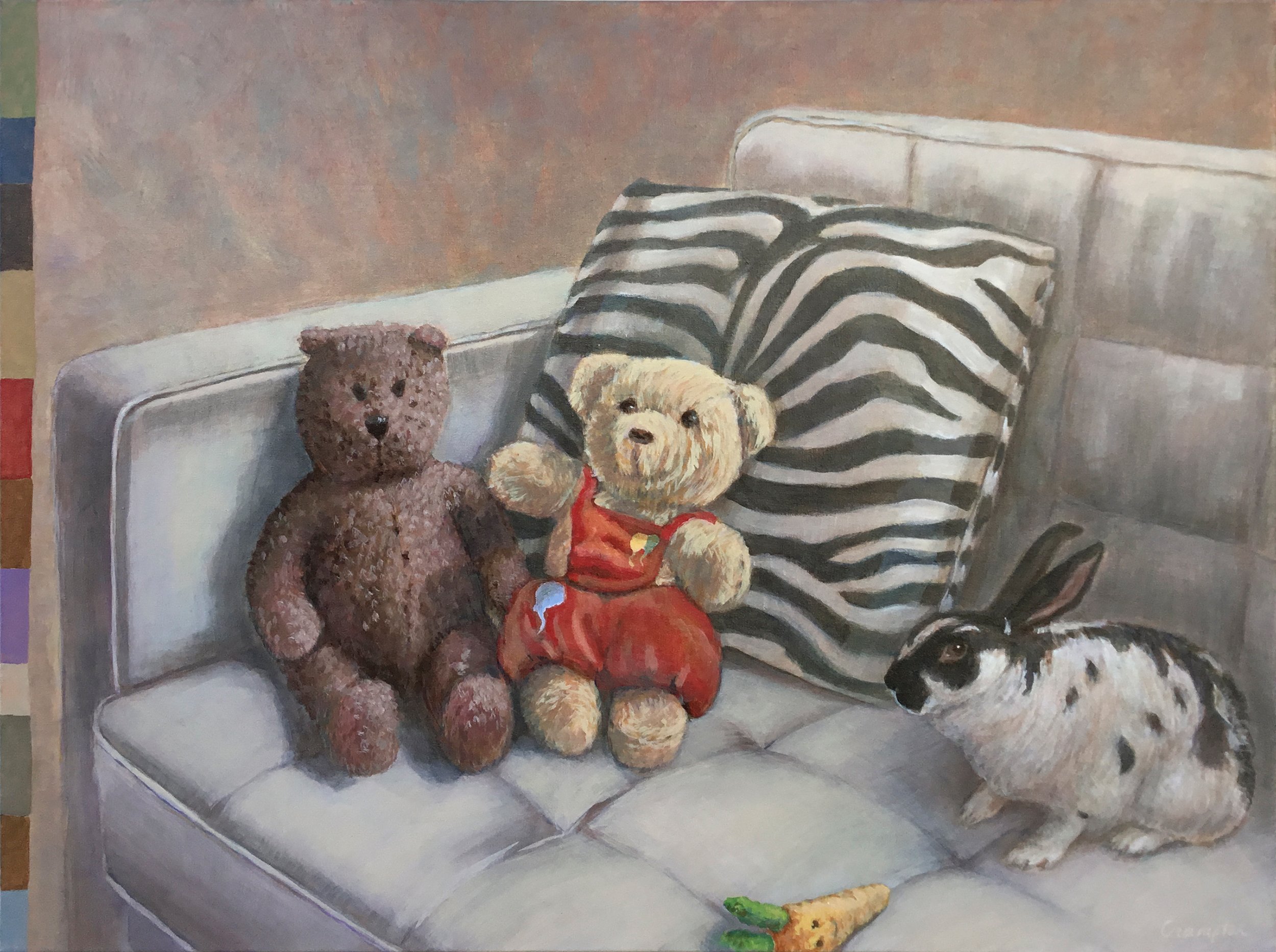 Teddy Bears and Rabbit on Sofa