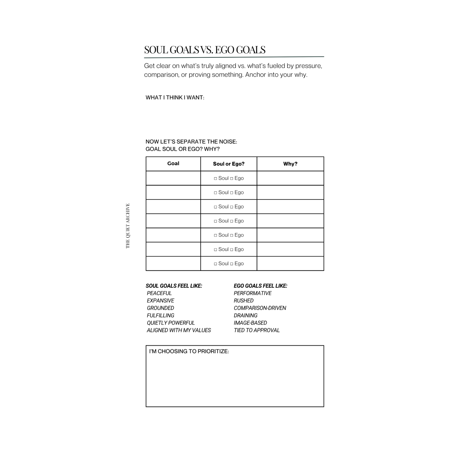 Soul Goals vs. Ego Goals Printable Personal Planner Insert