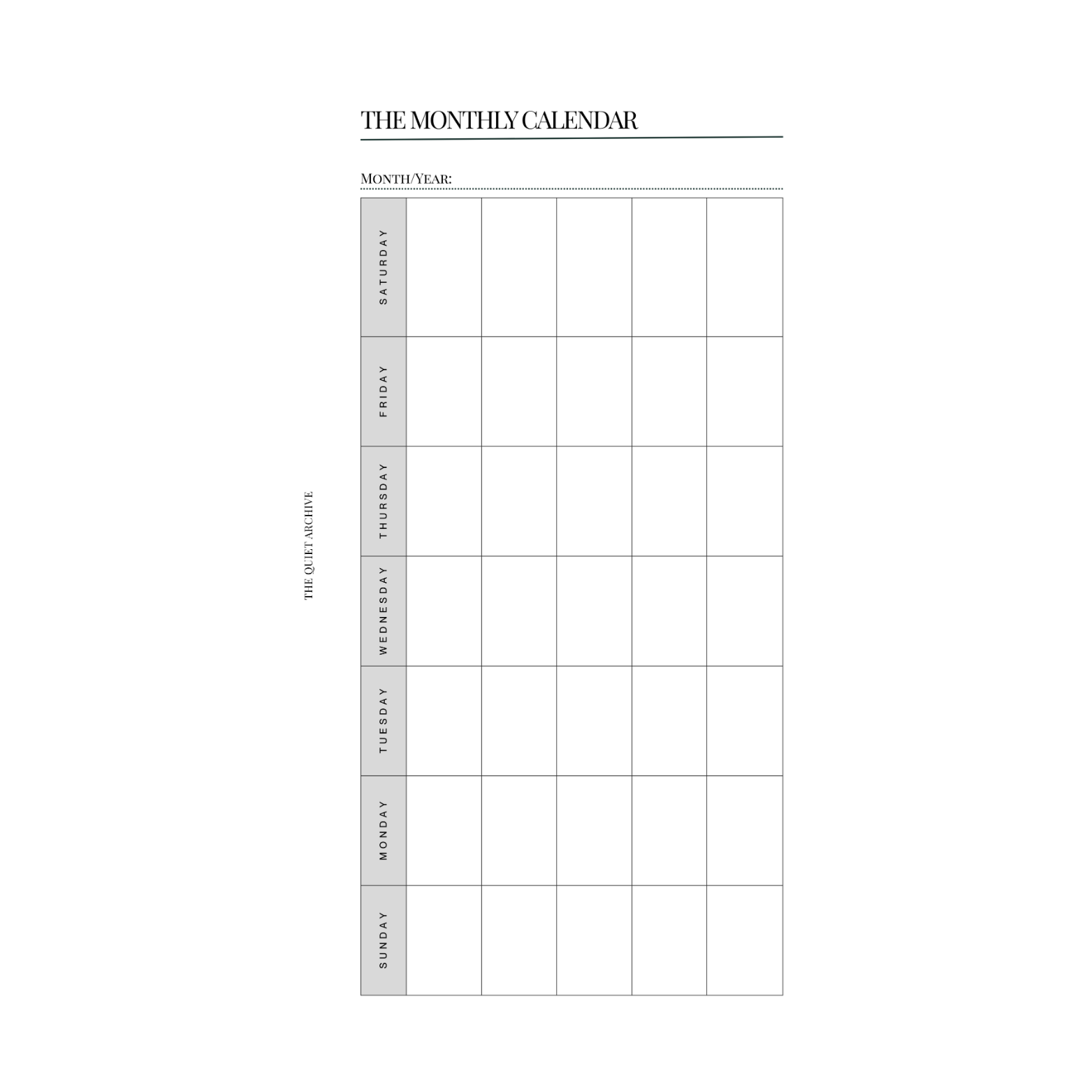 The Monthly Calendar (Blank) Personal Printable Planner Insert