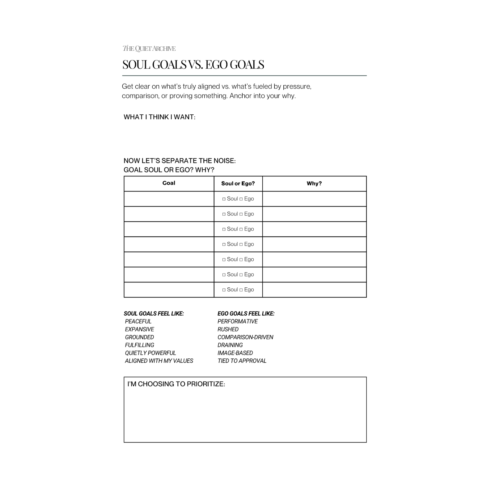 Soul Goals vs. Ego Goals Printable A5 Planner Insert