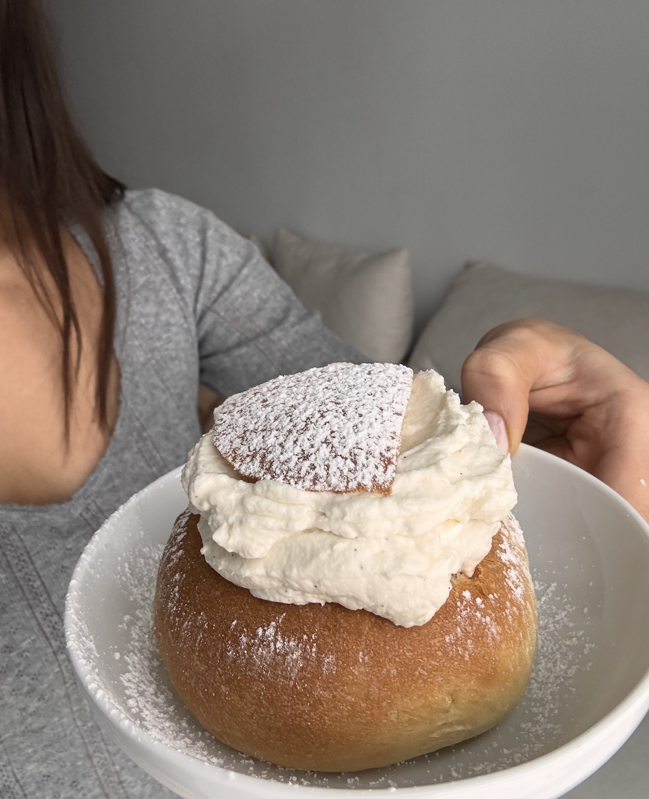 Swedish semla, which is a basic bun filled with almond paste and cream