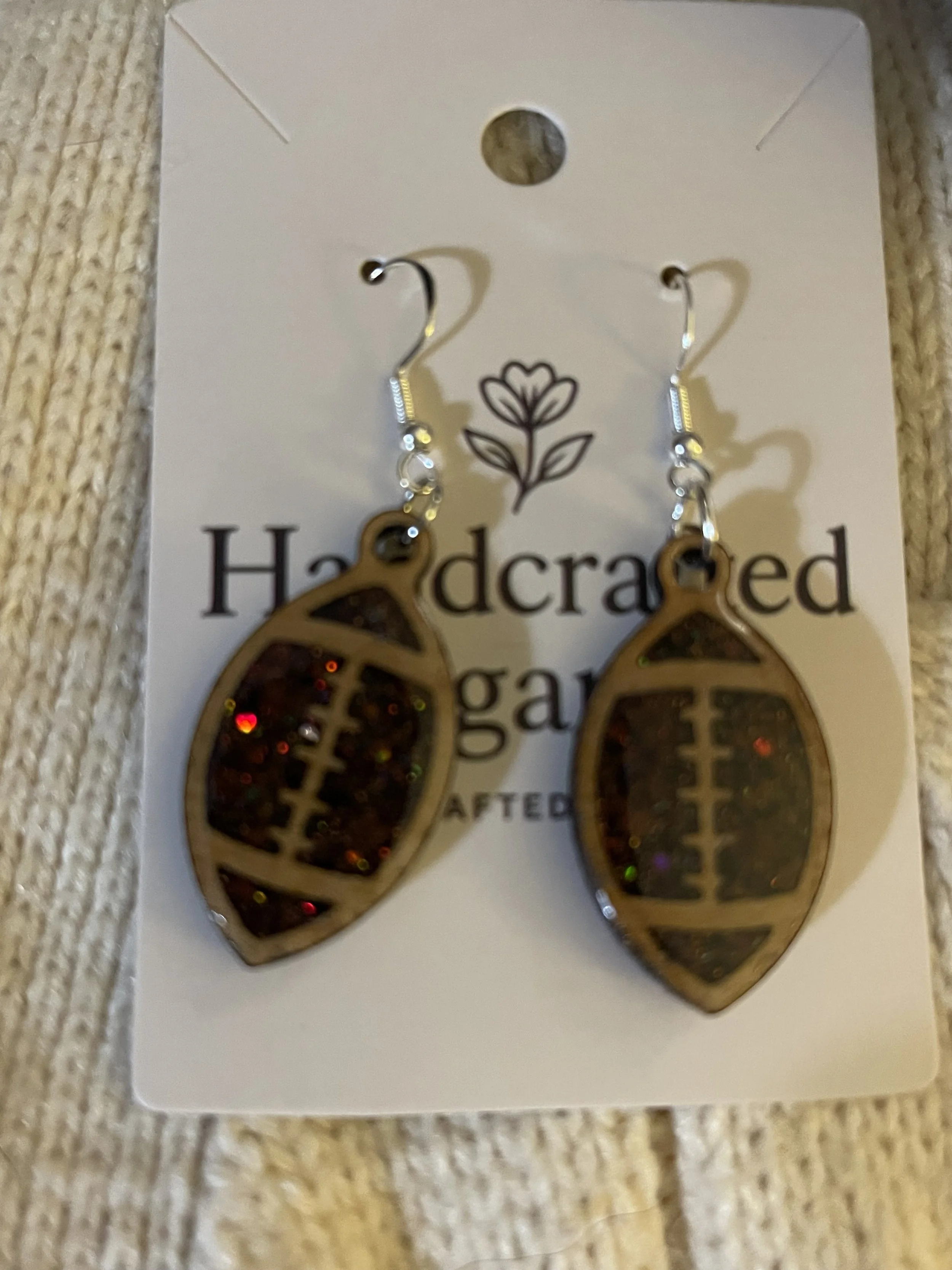 Wooden Bezel Football Glitter Earrings