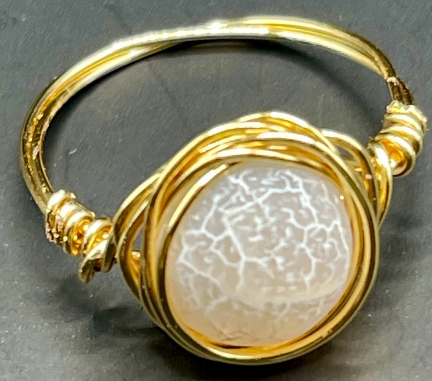 Gold-Plated Wire Wrapped Ring with Cracked Glass Stone