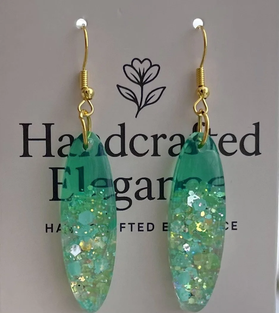 Long sea glass green sparkle earrings
