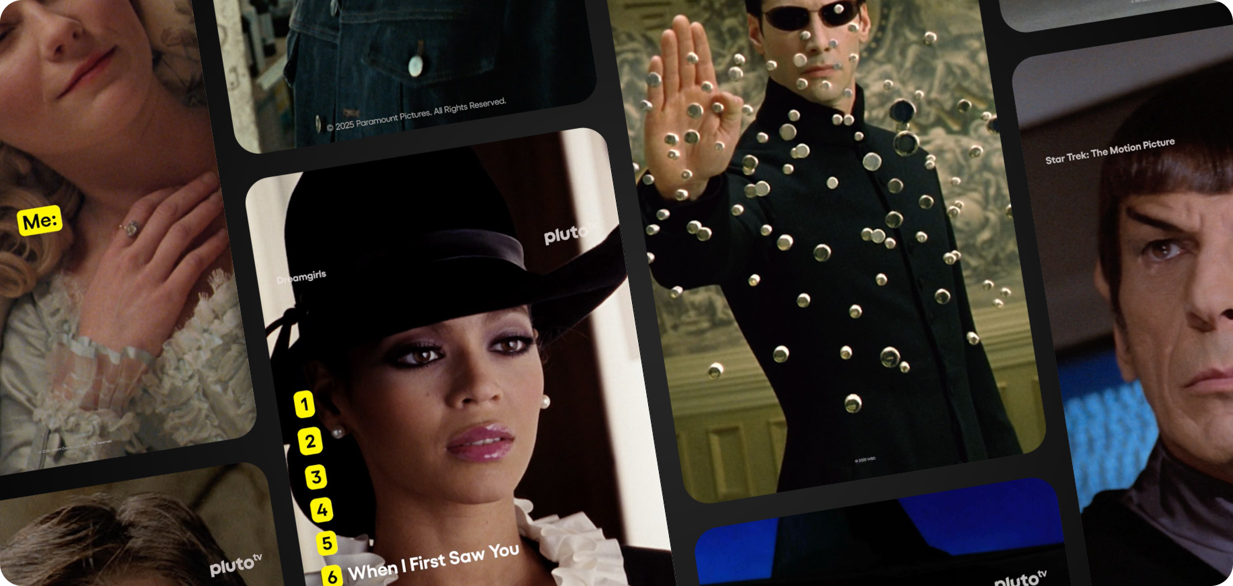 A collage of scenes from various movies and TV shows, featuring close-ups of characters, some wearing sunglasses and elaborate costumes, with some scenes involving special effects or makeup.