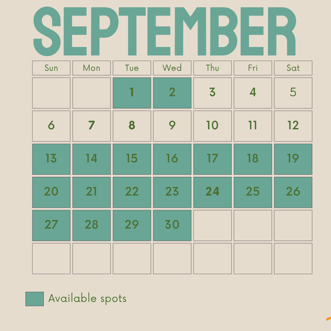September calendar with available spots marked on the 1st, 2nd, 13th through 30th based on the green shading, while weekends are not shaded.