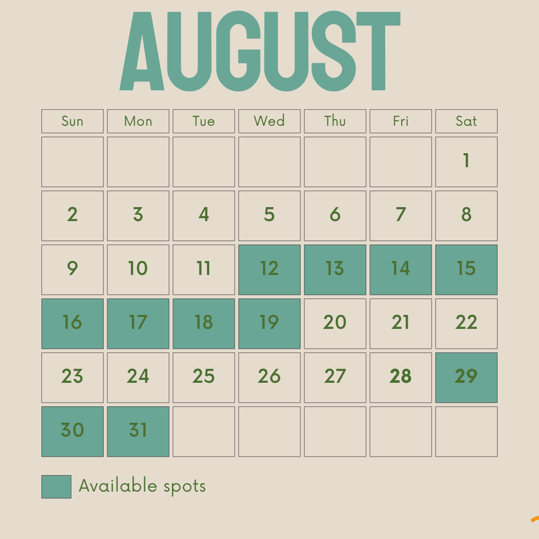 August calendar with available spots marked on the 1st, 12th, 13th, 14th, 15th, 16th, 17th, 18th, 19th, 29th, 30th, and 31st.