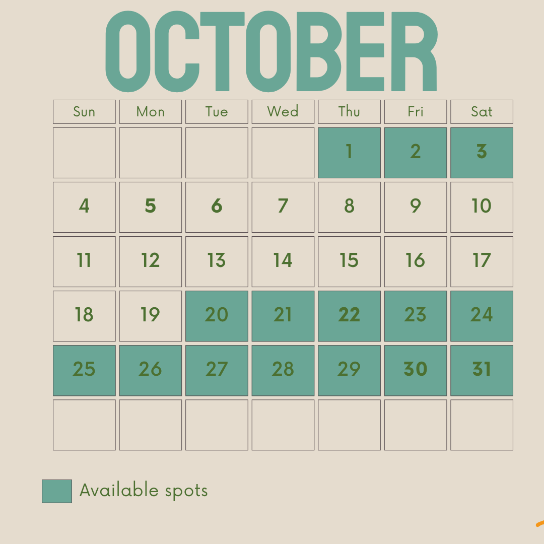 Calendar for October with available spots marked on certain dates.