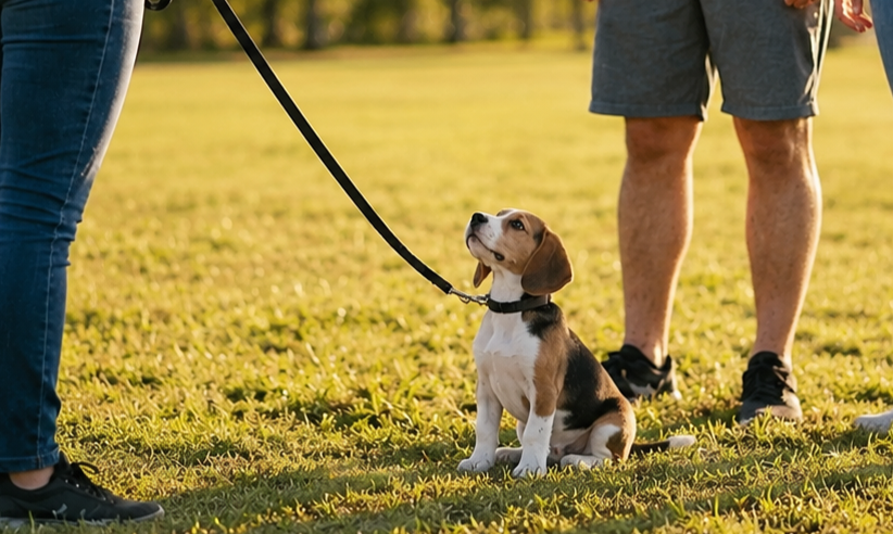 A Beagle puppy sitting on grass looking up at a person holding its leash in a park during sunset.